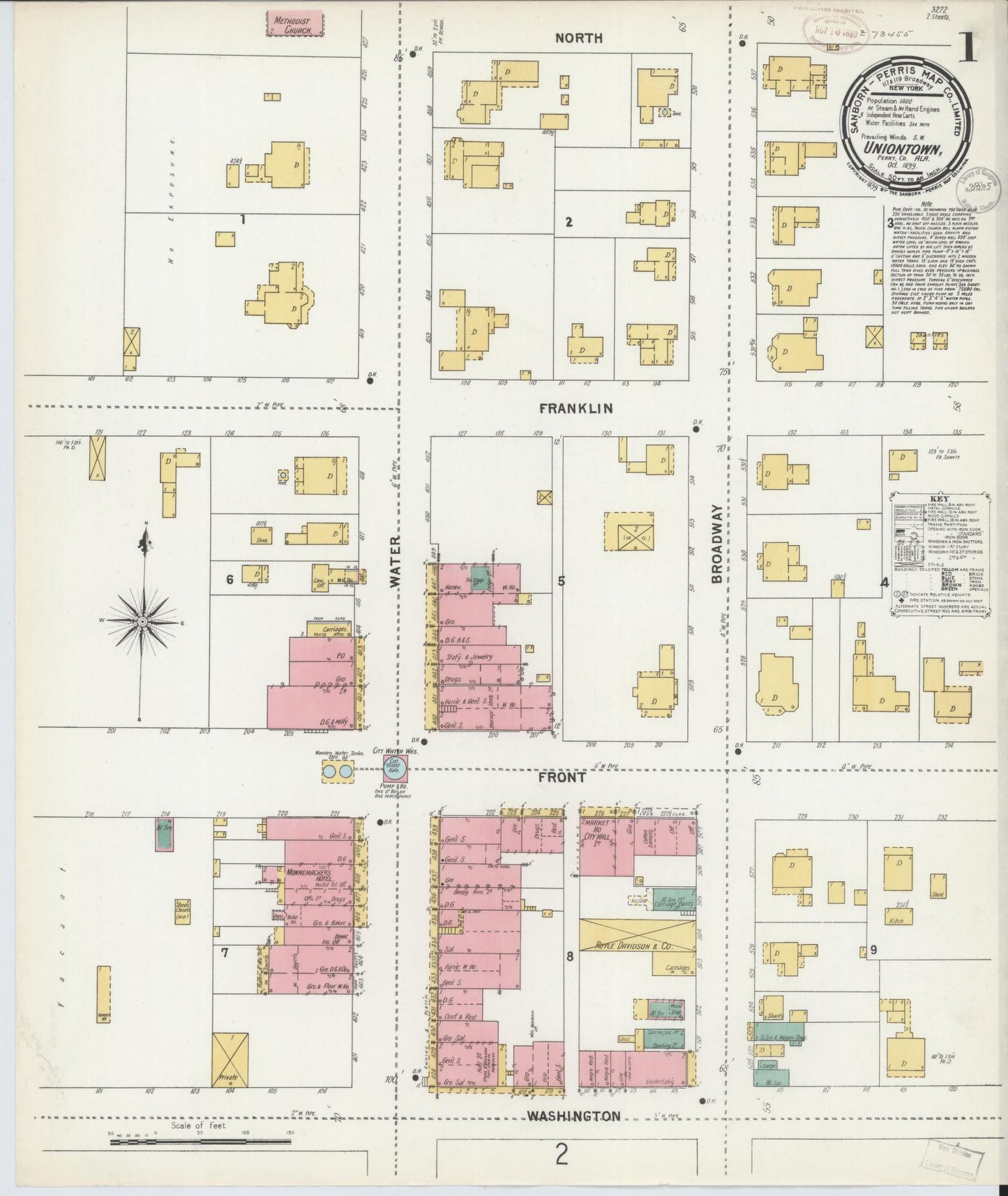 Sanborn Fire Insurance Map from Uniontown, Perry County, Alabama (1899), Sheet #0001 - Historic Sanborn Fire Insurance Map Print, vintage old map wall art, antique decor, genealogy gift, Alabama Alabama map
