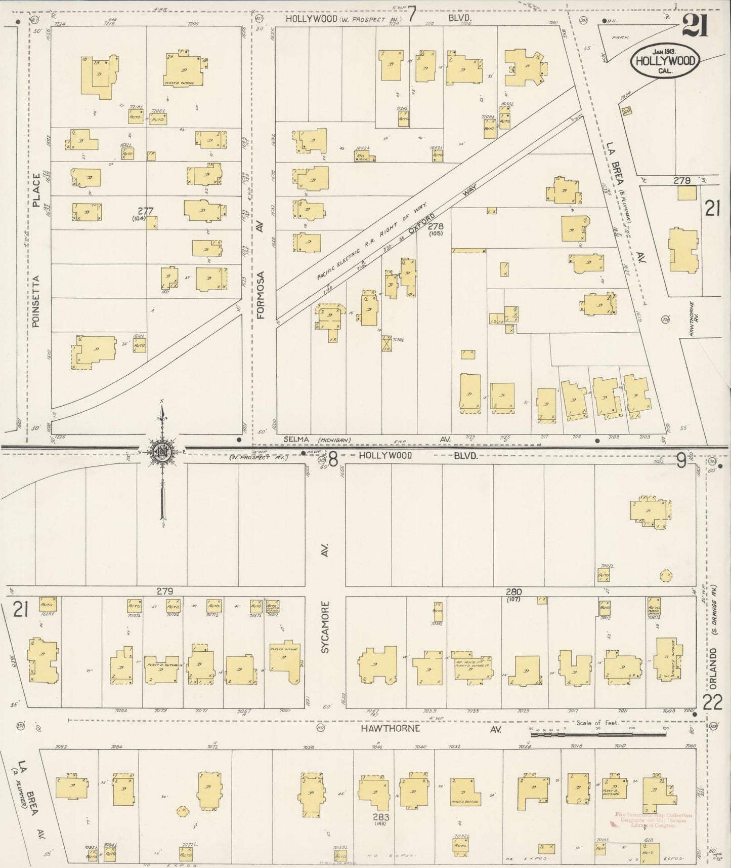 Sanborn Fire Insurance Map from Hollywood, Los Angeles County, California (1913), Sheet #0021 - Historic Sanborn Fire Insurance Map Print, vintage old map wall art, antique decor, genealogy gift, California California map