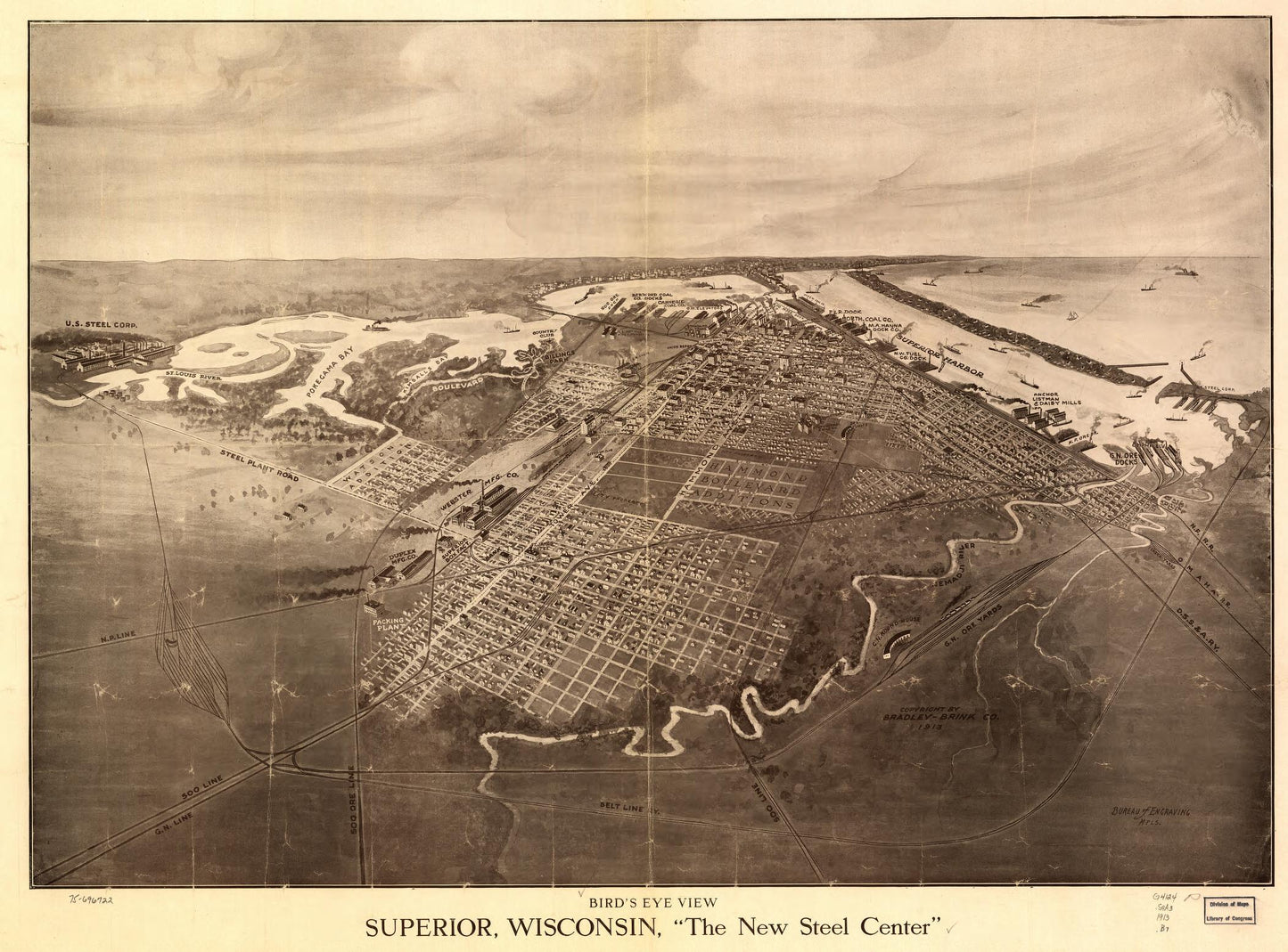 Bird's eye view Superior, Wisconsin "the New Steel Center." (1913) – Historic Bird’s-Eye View Panorama Print