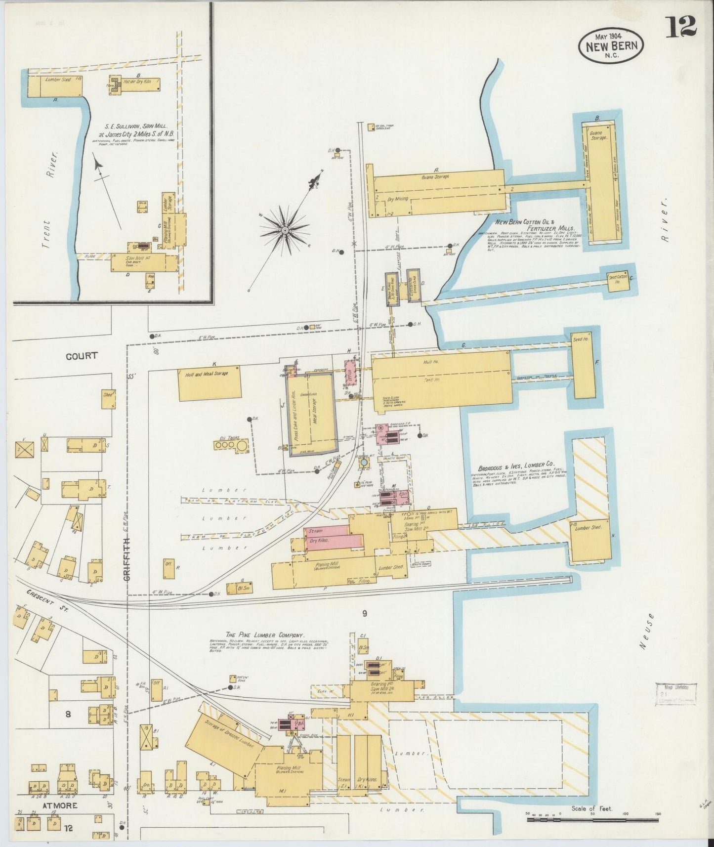 Sanborn Fire Insurance Map from New Bern, Craven County, North Carolina (1904), Sheet #0012 - Historic Sanborn Fire Insurance Map Print, vintage old map wall art, antique decor, genealogy gift, North Carolina North Carolina map