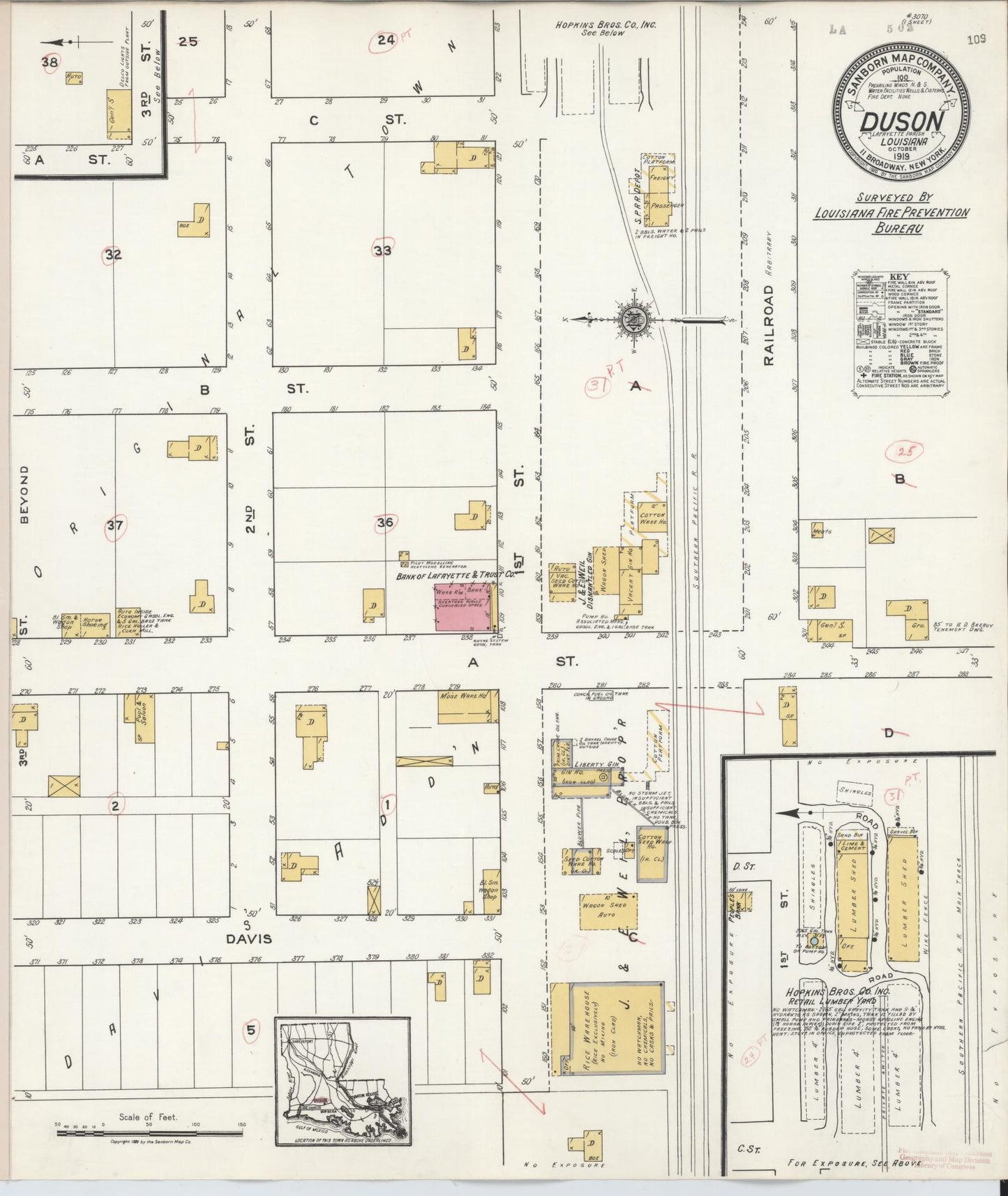 Sanborn Fire Insurance Map from Duson, Lafayette Parish, Louisiana (1919), Sheet #0001 - Historic Sanborn Fire Insurance Map Print, vintage old map wall art, antique decor, genealogy gift, Louisiana Louisiana map