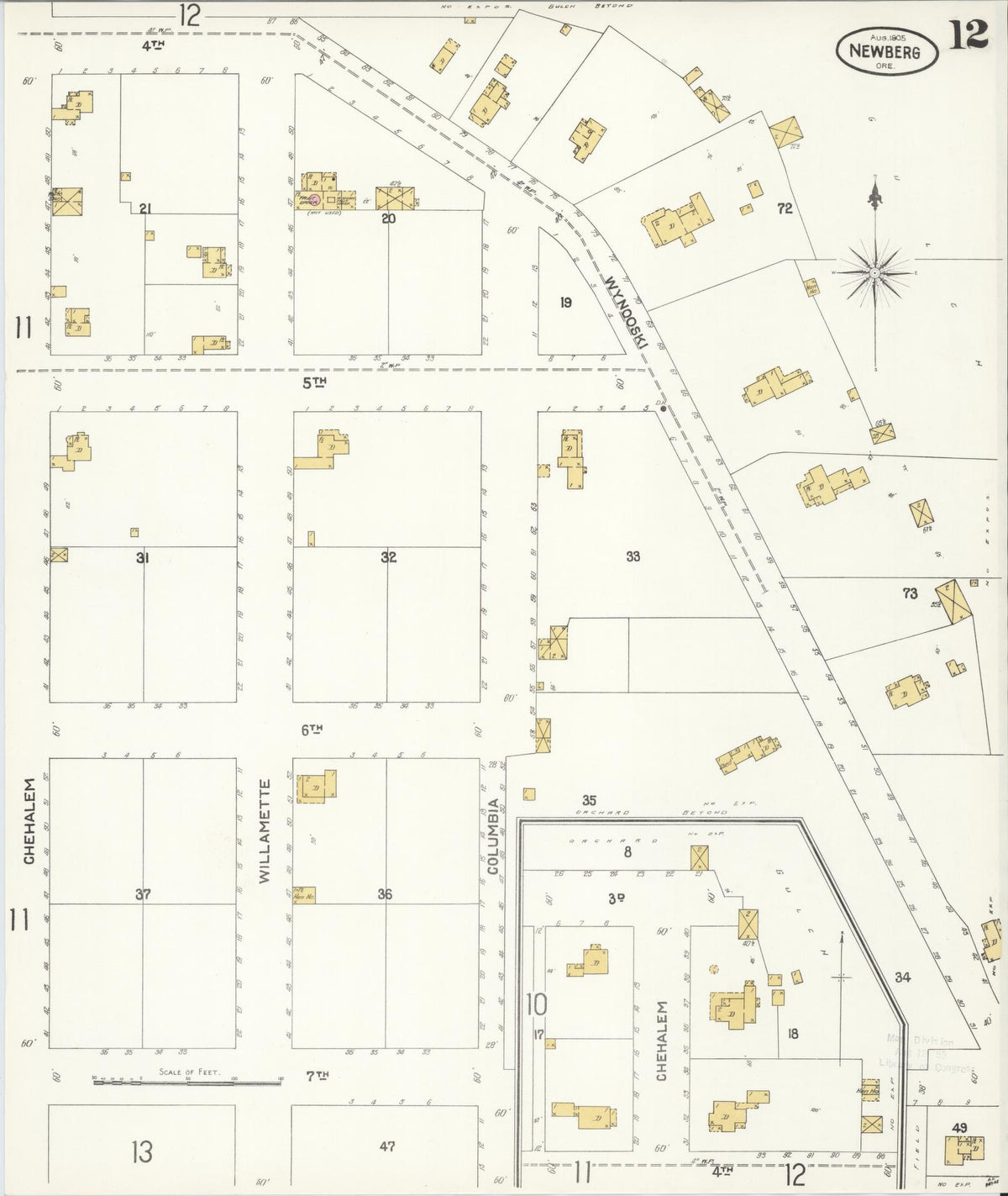 Sanborn Fire Insurance Map from Newberg, Yamhill County, Oregon (1905), Sheet #0012 - Historic Sanborn Fire Insurance Map Print, vintage old map wall art, antique decor, genealogy gift, Oregon Oregon map