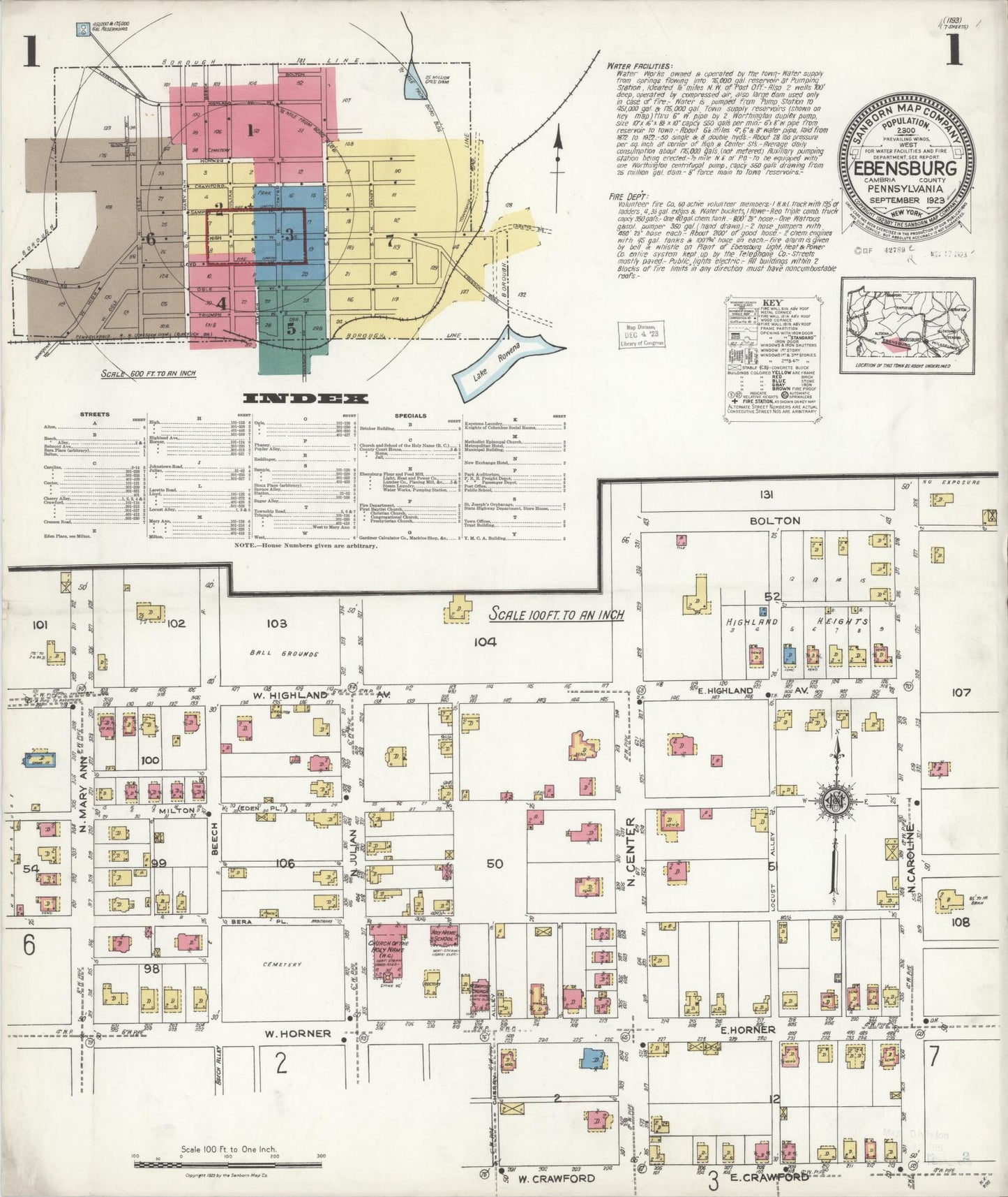 Sanborn Fire Insurance Map from Ebensburg, Cambria County, Pennsylvania (1923), Sheet #0001 - Historic Sanborn Fire Insurance Map Print, vintage old map wall art, antique decor, genealogy gift, Pennsylvania Pennsylvania map