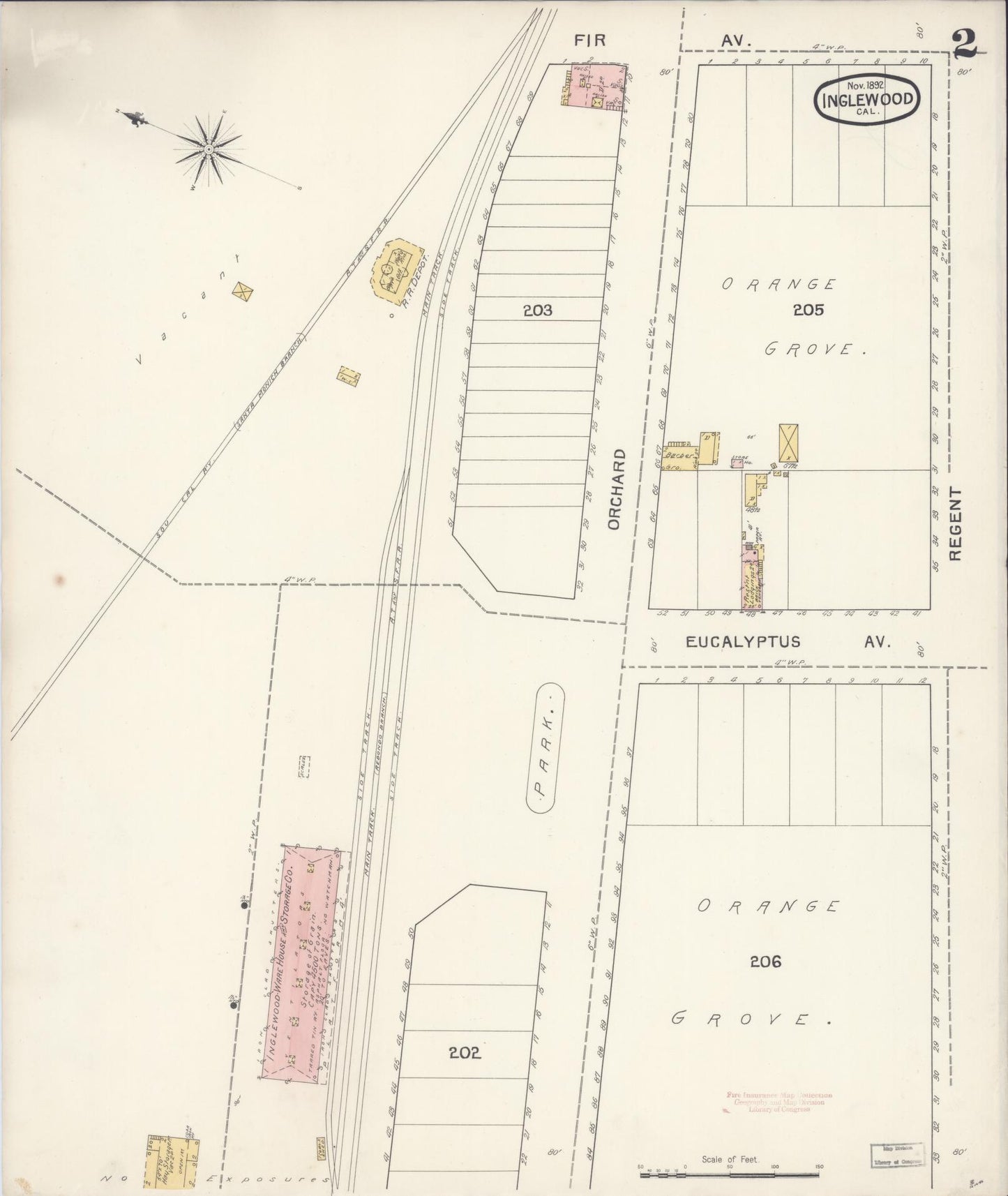 Sanborn Fire Insurance Map from Inglewood, Los Angeles County, California (1892), Sheet #0002 - Historic Sanborn Fire Insurance Map Print, vintage old map wall art, antique decor, genealogy gift, California California map