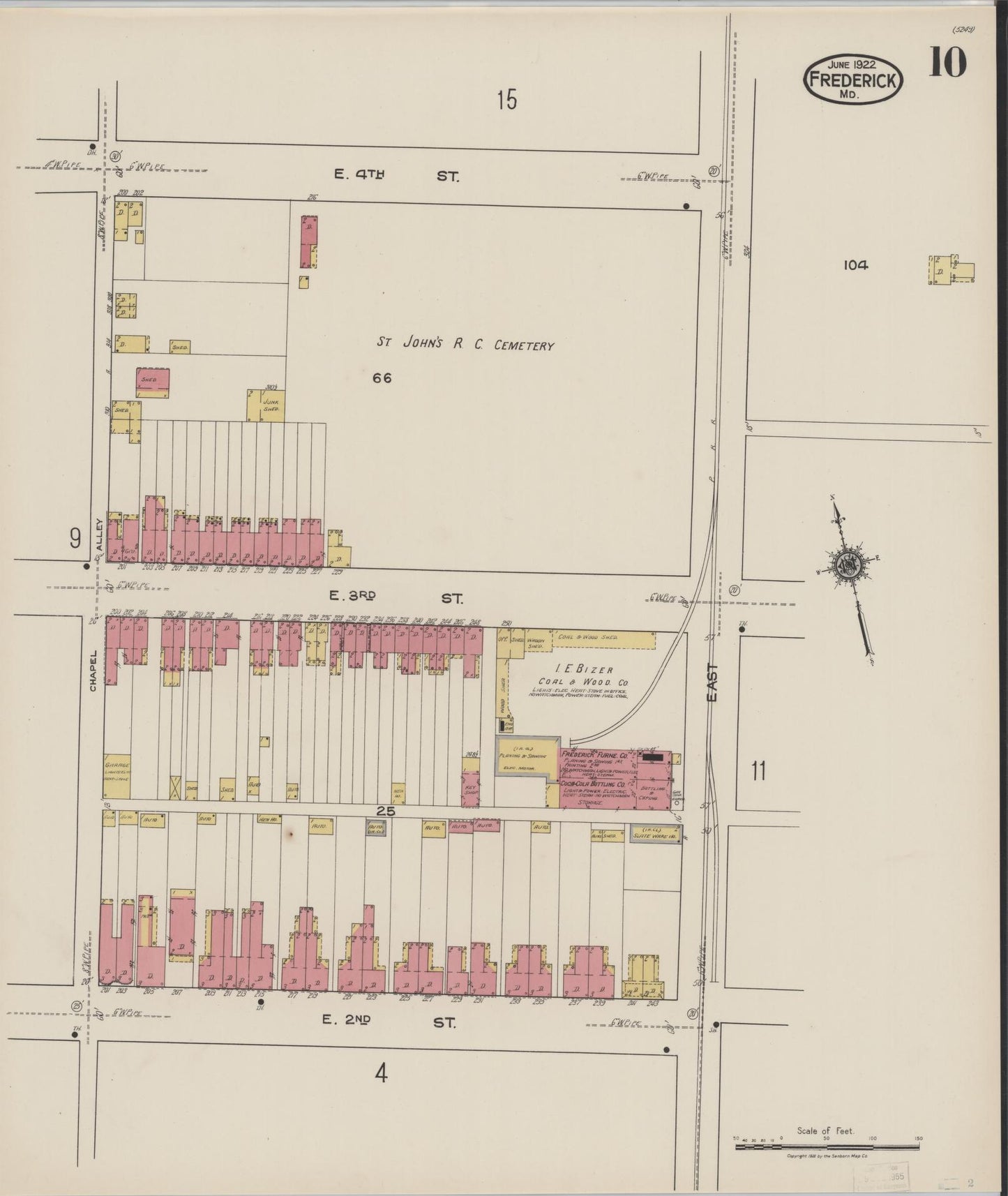 Sanborn Fire Insurance Map from Frederick, Frederick County, Maryland (1922), Sheet #0010 - Historic Sanborn Fire Insurance Map Print, vintage old map wall art