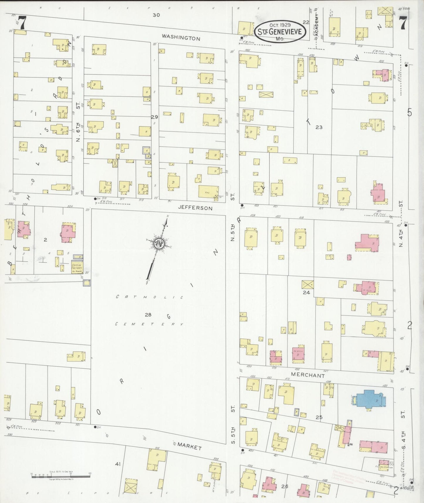 Sanborn Fire Insurance Map from Sainte Genevieve, Saint Genevieve County, Missouri (1929), Sheet #0007 - Historic Sanborn Fire Insurance Map Print, vintage old map wall art, antique decor, genealogy gift, Missouri Missouri map