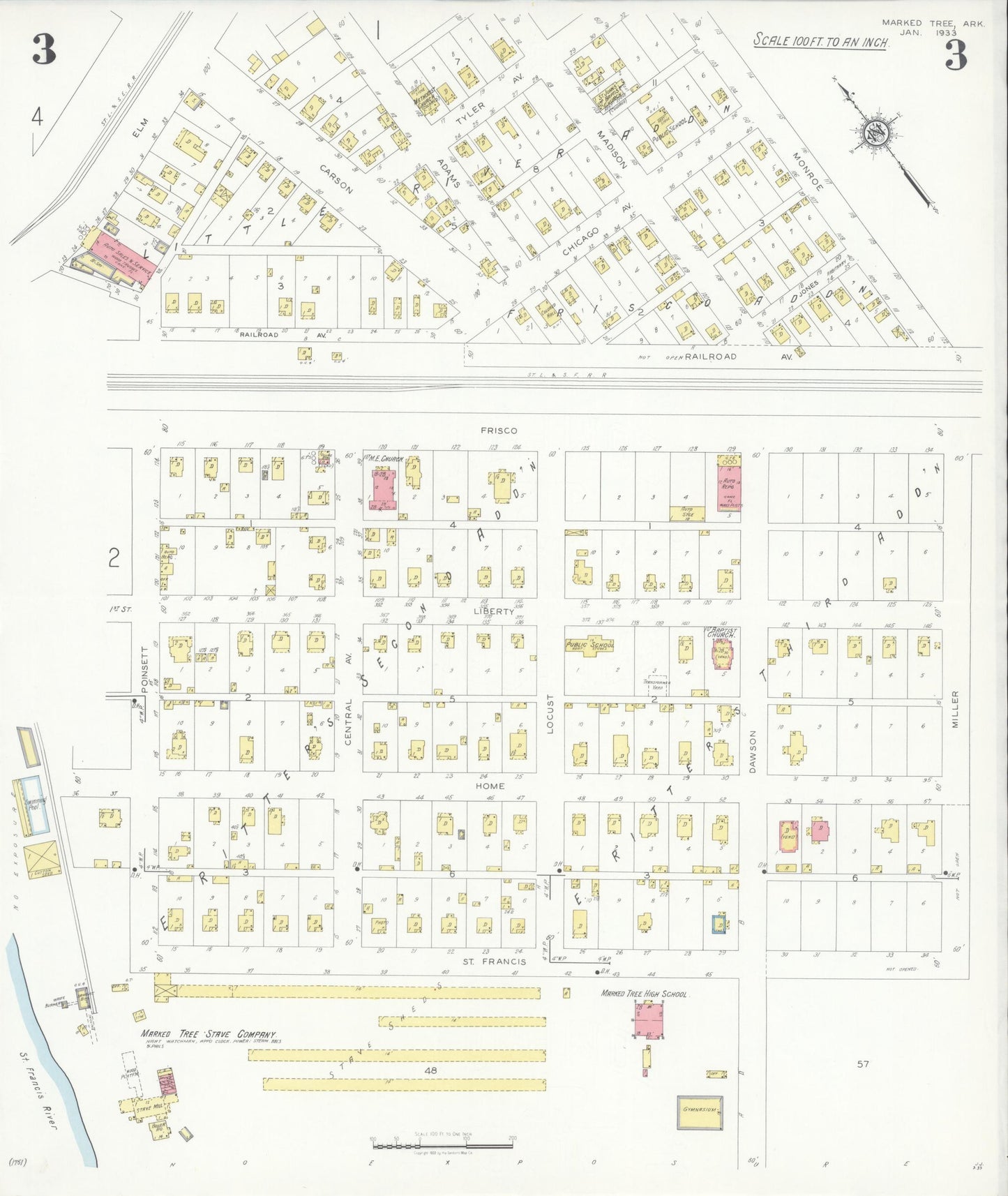 Sanborn Fire Insurance Map from Marked Tree, Poinsett County, Arkansas (1933), Sheet #0003 - Historic Sanborn Fire Insurance Map Print, vintage old map wall art, antique decor, genealogy gift, Arkansas Arkansas map