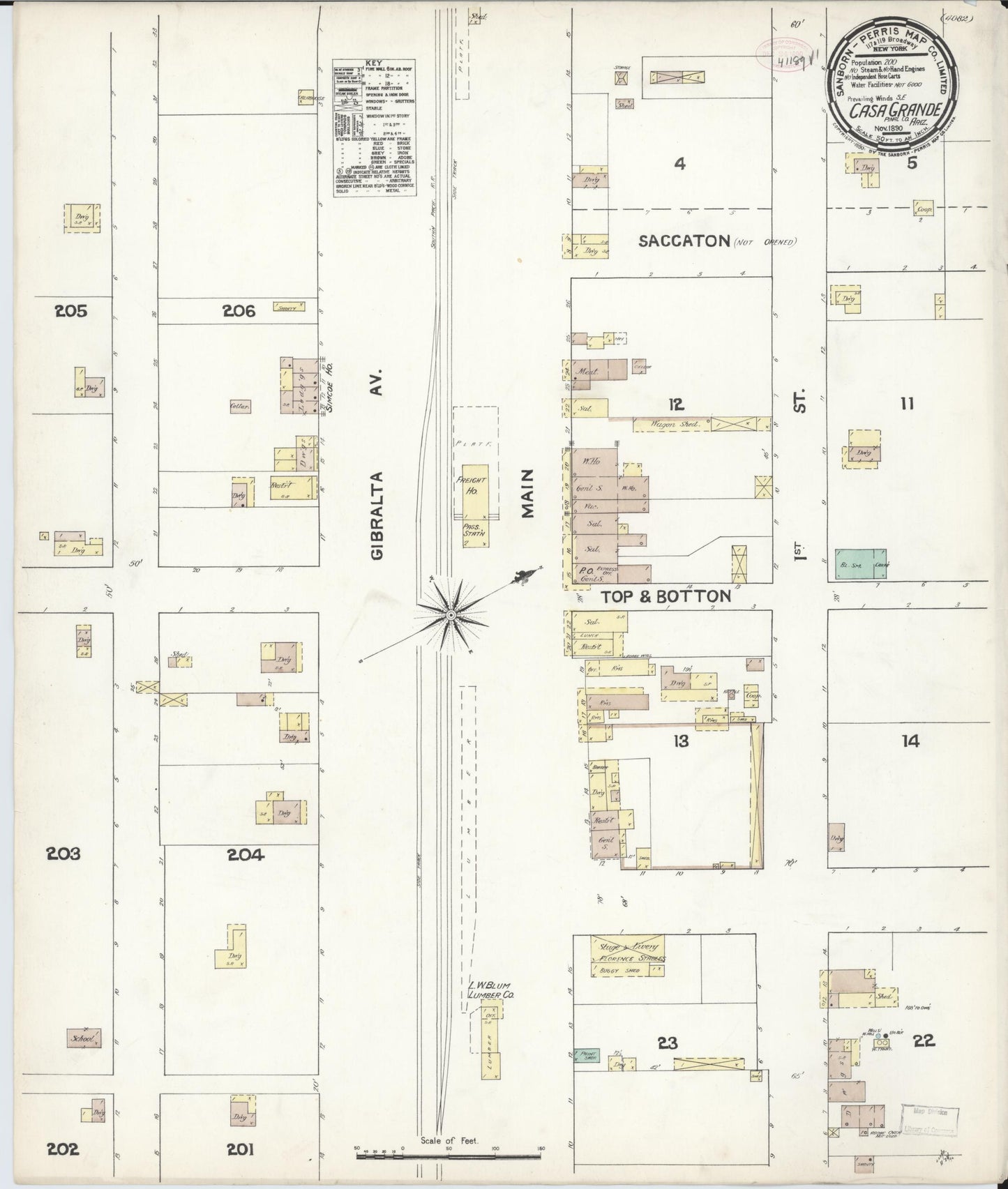 Sanborn Fire Insurance Map from Casa Grande, Pinal County, Arizona (1890), Sheet #0001 - Historic Sanborn Fire Insurance Map Print, vintage old map wall art, antique decor, genealogy gift, Arizona Arizona map