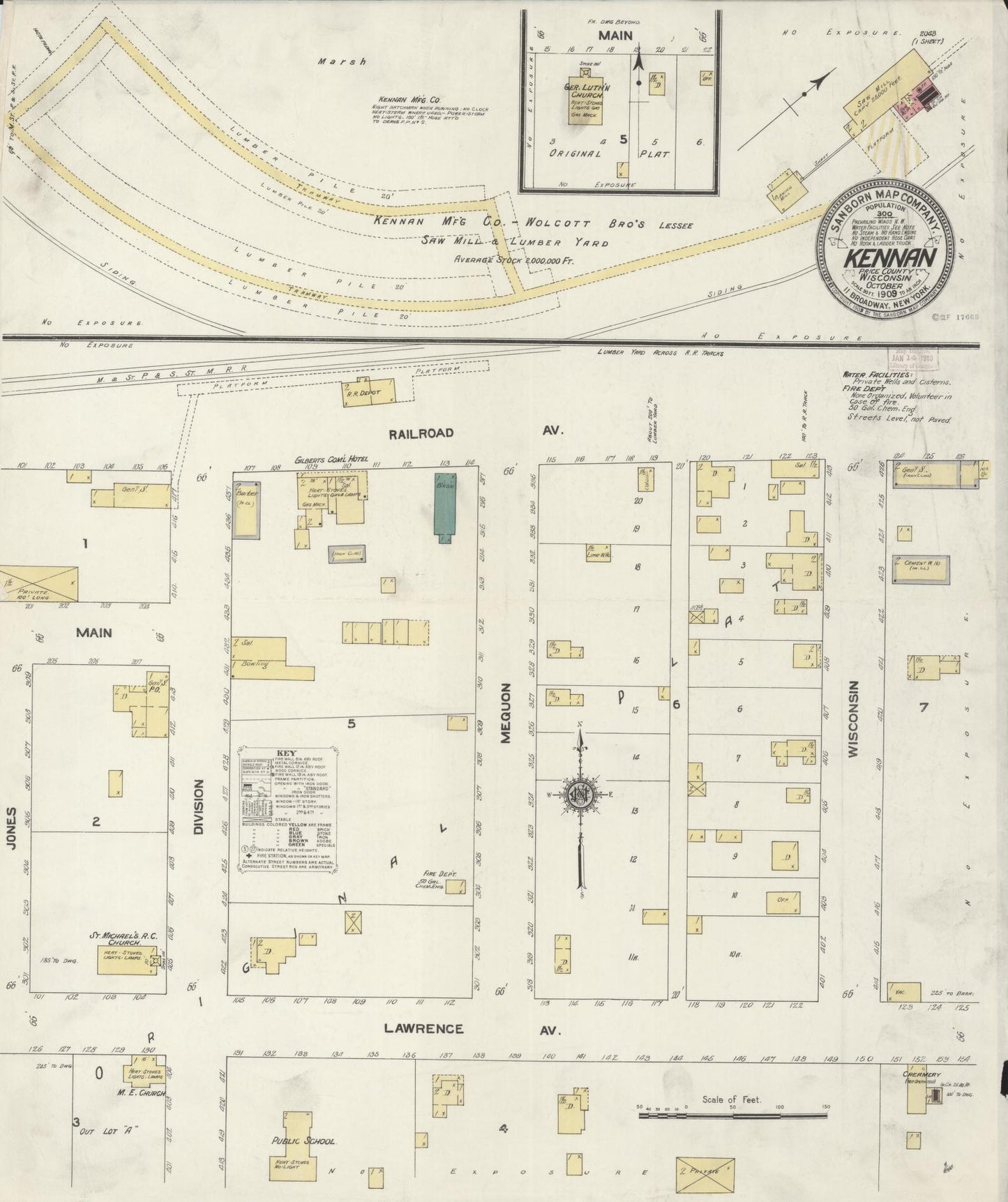 Sanborn Fire Insurance Map from Kennan, Price County, Wisconsin (1909), Sheet #0001 - Historic Sanborn Fire Insurance Map Print, vintage old map wall art, antique decor, genealogy gift, Wisconsin Wisconsin map