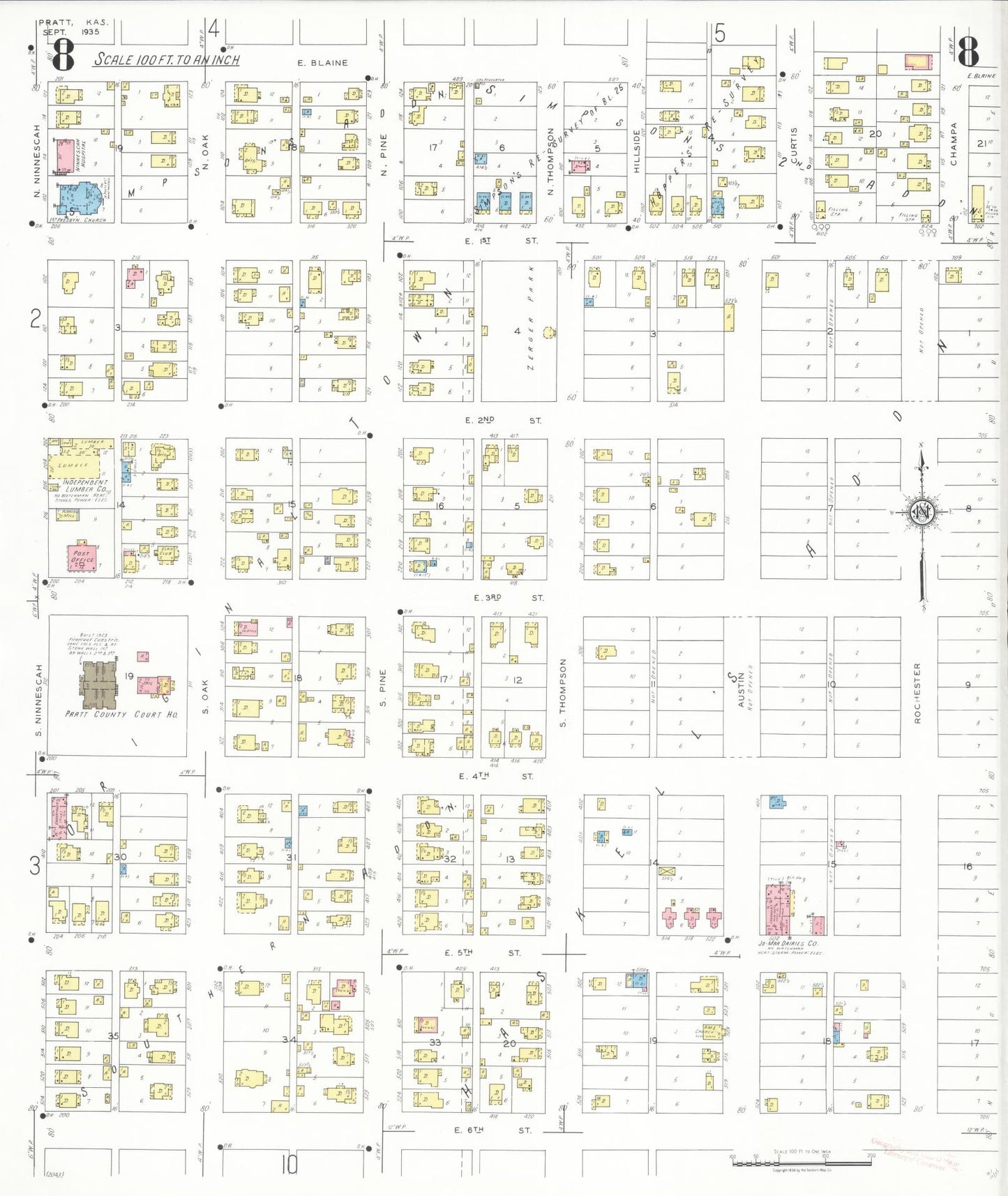 Sanborn Fire Insurance Map from Pratt, Pratt County, Kansas (1935), Sheet #0008 - Historic Sanborn Fire Insurance Map Print, vintage old map wall art, antique decor, genealogy gift, Kansas Kansas map