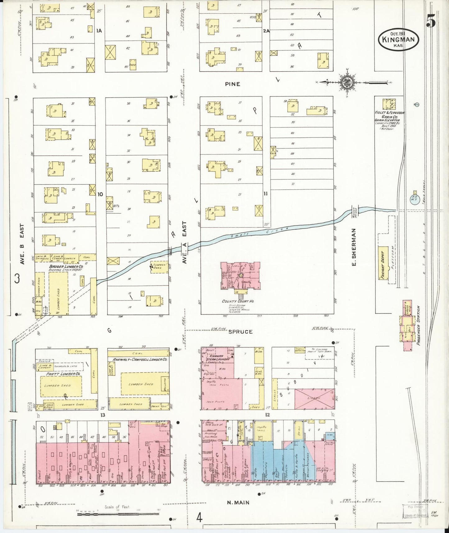 Sanborn Fire Insurance Map from Kingman, Kingman County, Kansas (1911), Sheet #0005 - Historic Sanborn Fire Insurance Map Print, vintage old map wall art, antique decor, genealogy gift, Kansas Kansas map