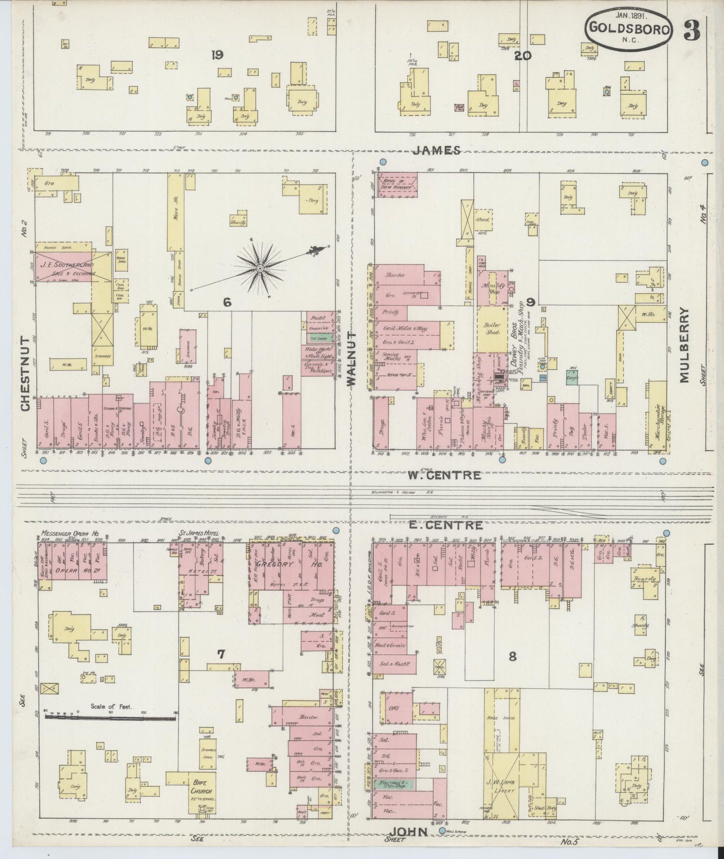 Sanborn Fire Insurance Map from Goldsboro, Wayne County, North Carolina (1891), Sheet #0003 - Historic Sanborn Fire Insurance Map Print, vintage old map wall art, antique decor, genealogy gift, North Carolina North Carolina map