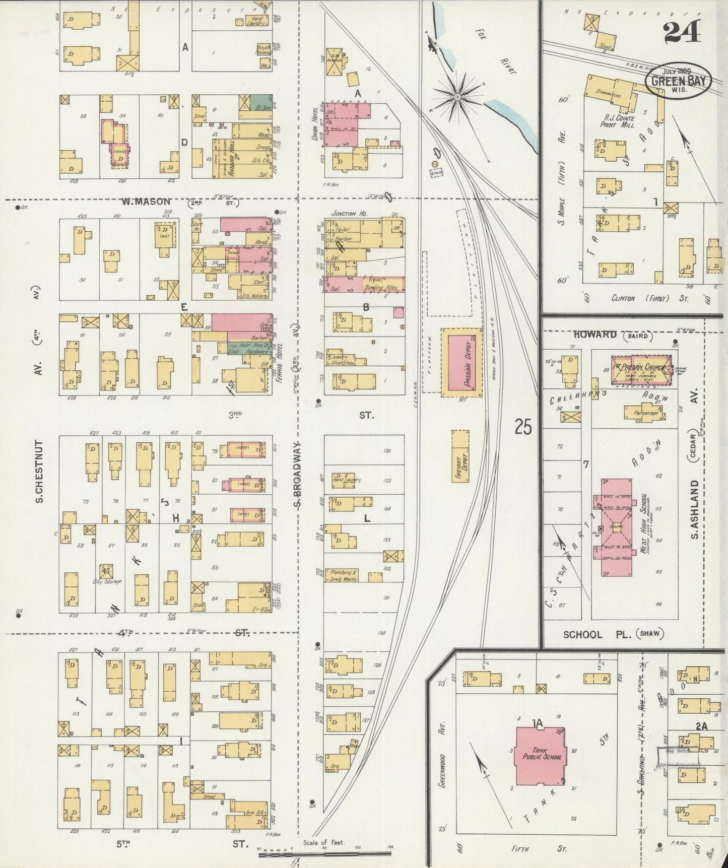 Sanborn Fire Insurance Map from Green Bay, Brown County, Wisconsin (1900), Sheet #0024 - Historic Sanborn Fire Insurance Map Print, vintage old map wall art, antique decor, genealogy gift, Wisconsin Wisconsin map