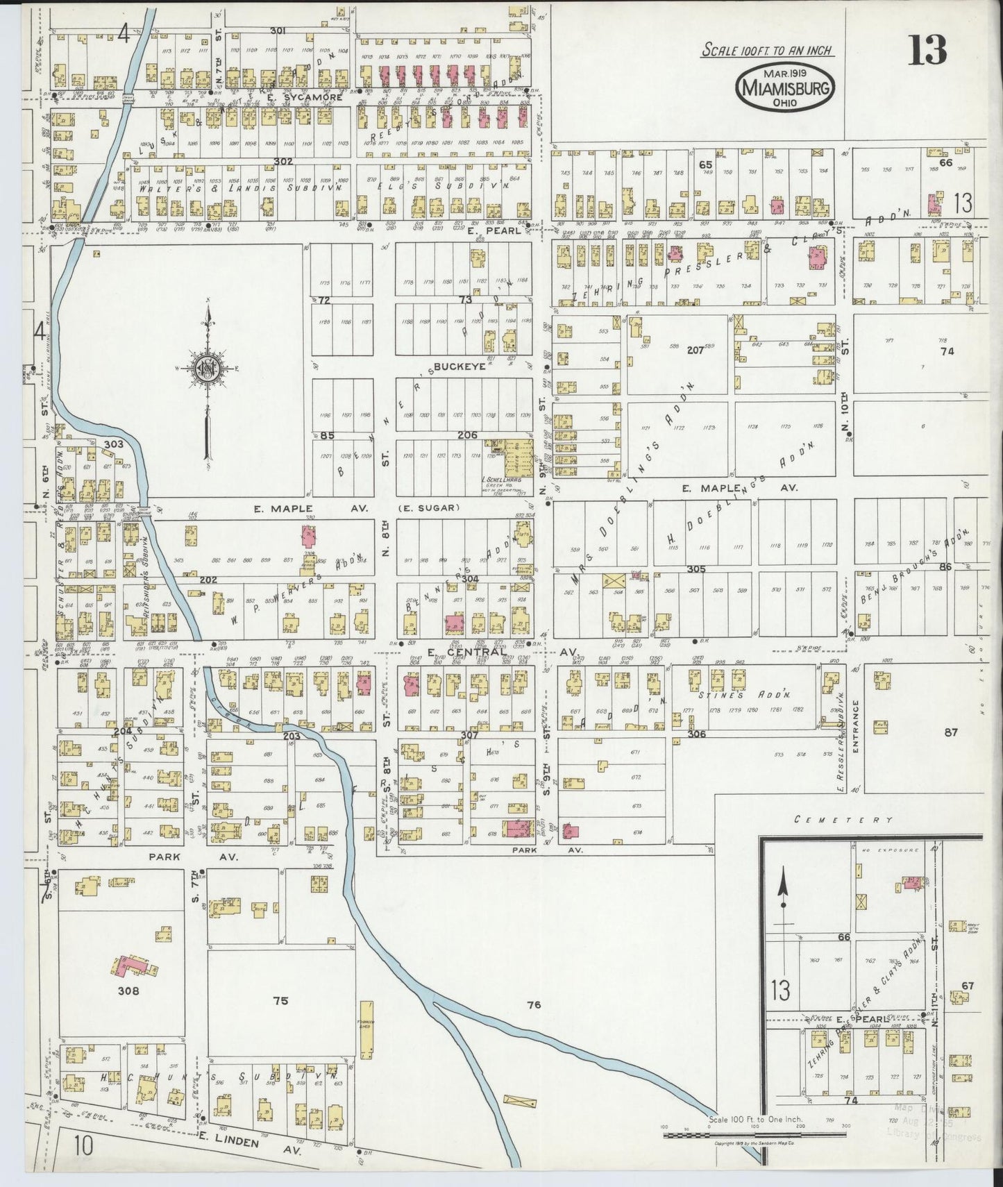 Sanborn Fire Insurance Map from Miamisburg, Montgomery County, Ohio (1919), Sheet #0013 - Historic Sanborn Fire Insurance Map Print, vintage old map wall art, antique decor, genealogy gift, Ohio Ohio map