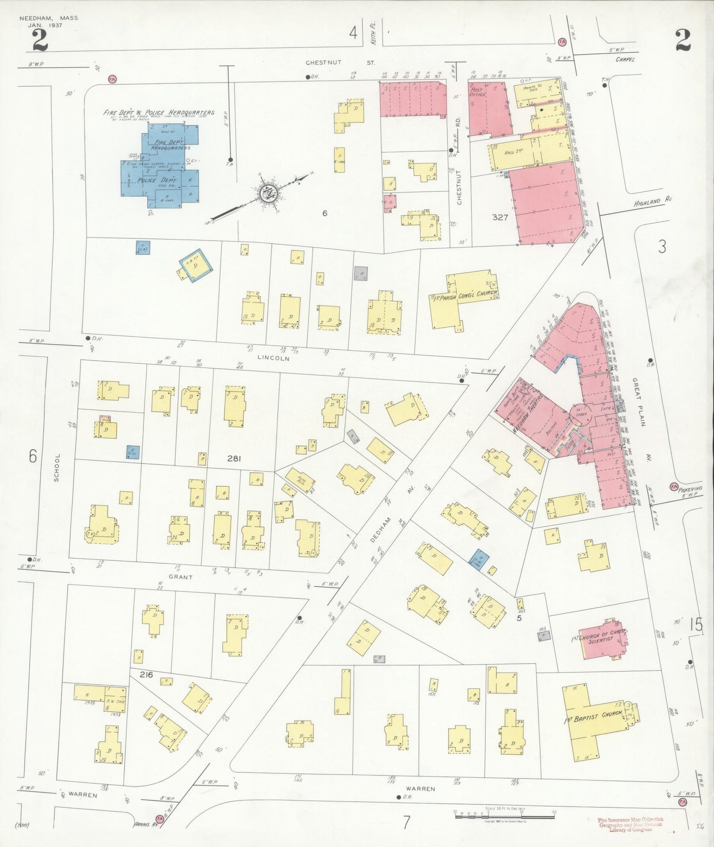 Sanborn Fire Insurance Map from Needham, Norfolk County, Massachusetts (1937), Sheet #0002 - Historic Sanborn Fire Insurance Map Print, vintage old map wall art, antique decor, genealogy gift, Massachusetts Massachusetts map