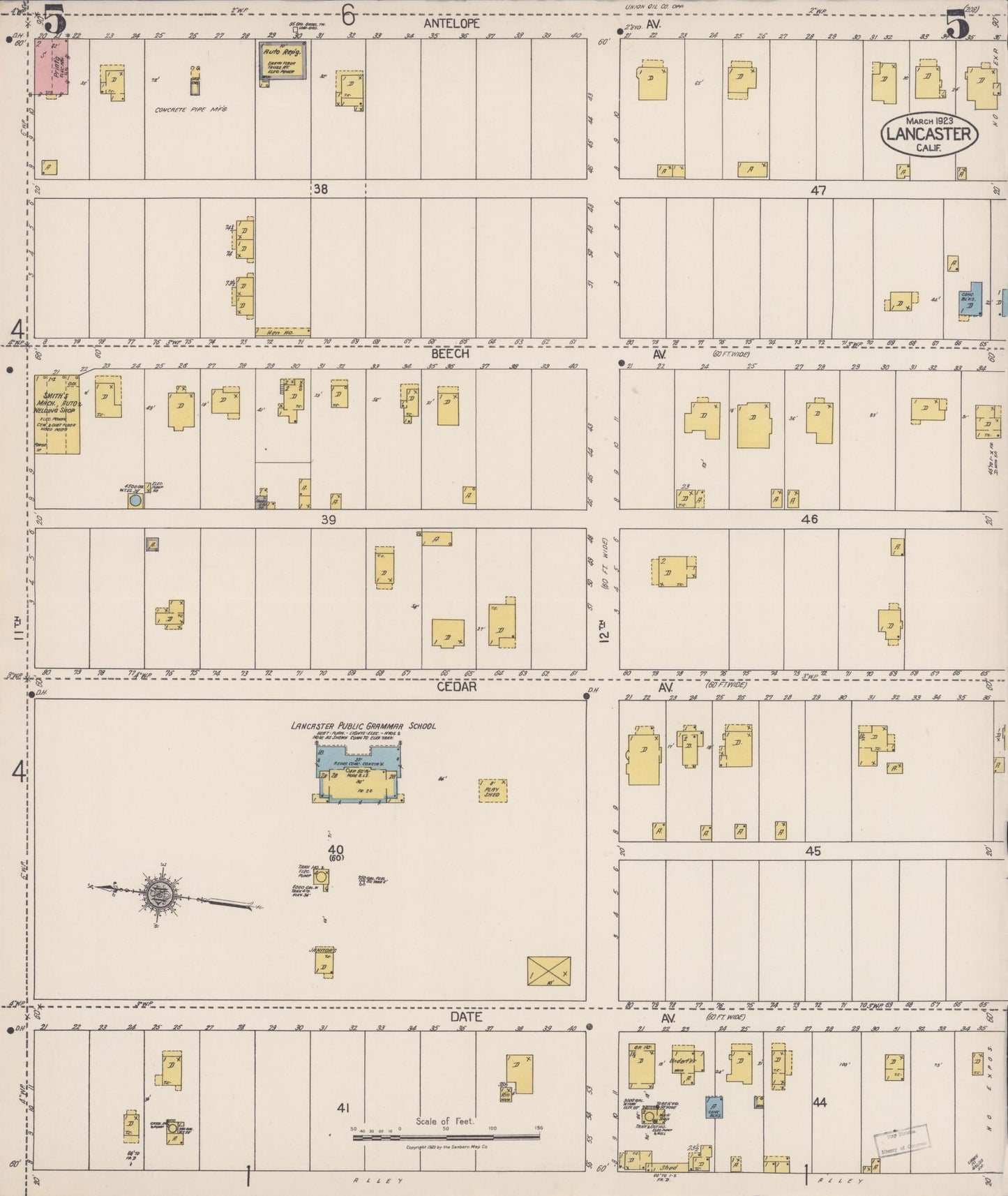 Sanborn Fire Insurance Map from Lancaster, Los Angeles County, California (1923), Sheet #0005 - Historic Sanborn Fire Insurance Map Print, vintage old map wall art, antique decor, genealogy gift, California California map
