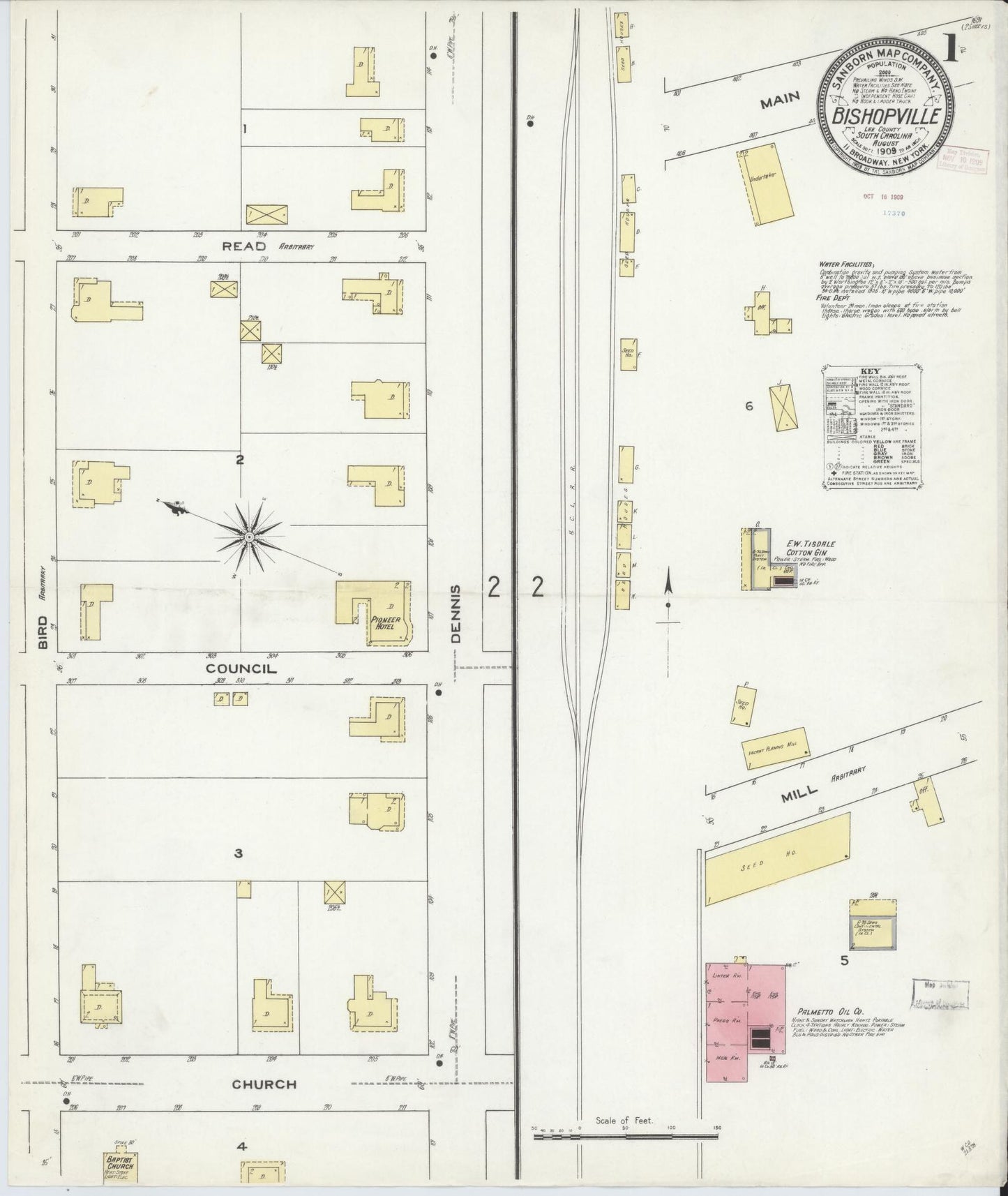 Sanborn Fire Insurance Map from Bishopville, Lee County, South Carolina (1909), Sheet #0001 - Historic Sanborn Fire Insurance Map Print, vintage old map wall art, antique decor, genealogy gift, South Carolina South Carolina map