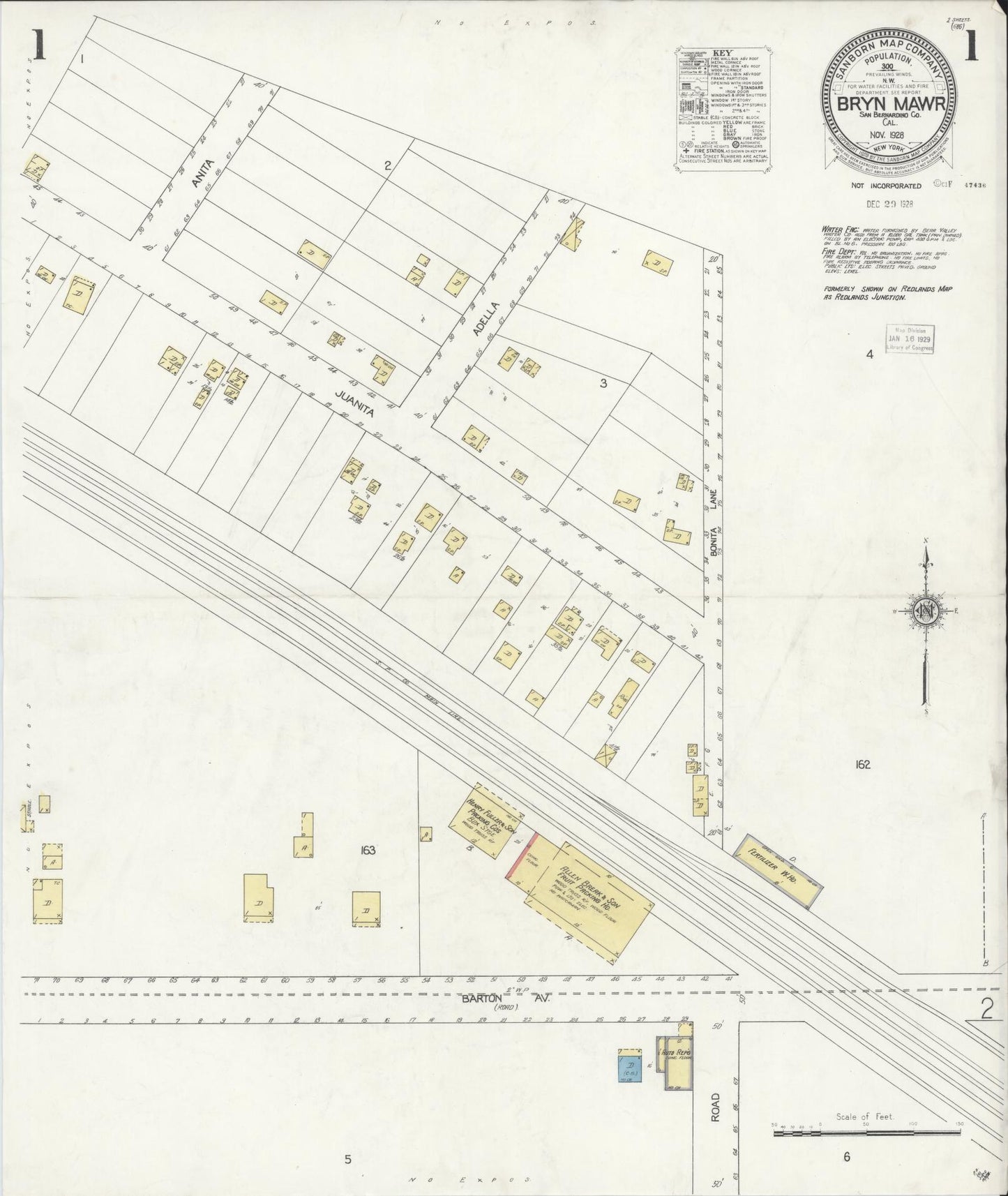 Sanborn Fire Insurance Map from Bryn Mawr, San Bernardino County, California (1928), Sheet #0001 - Historic Sanborn Fire Insurance Map Print, vintage old map wall art, antique decor, genealogy gift, California California map