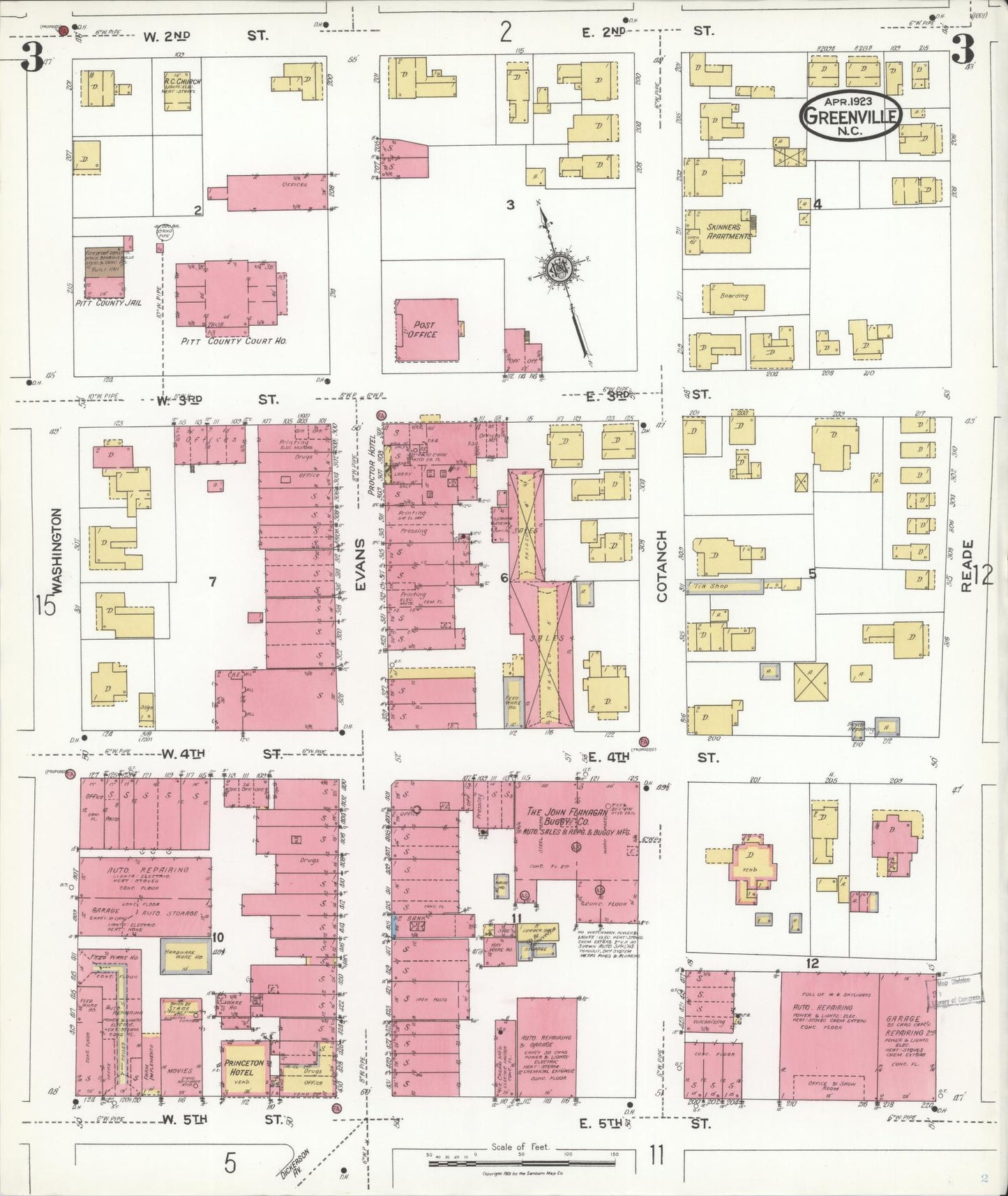 Sanborn Fire Insurance Map from Greenville, Pitt County, North Carolina (1923), Sheet #0003 - Historic Sanborn Fire Insurance Map Print, vintage old map wall art, antique decor, genealogy gift, North Carolina North Carolina map