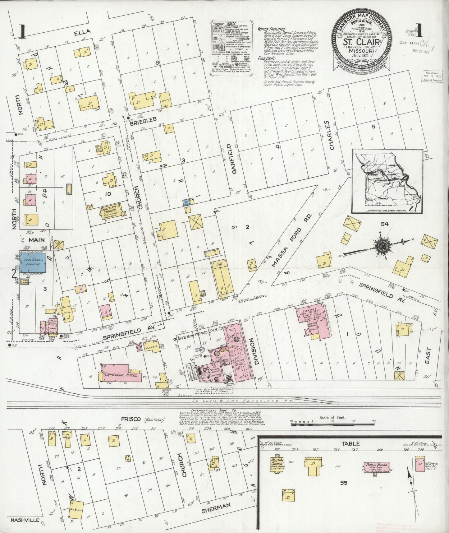 Sanborn Fire Insurance Map from Saint Clair, Franklin County, Missouri (1924), Sheet #0001 - Historic Sanborn Fire Insurance Map Print, vintage old map wall art, antique decor, genealogy gift, Missouri Missouri map