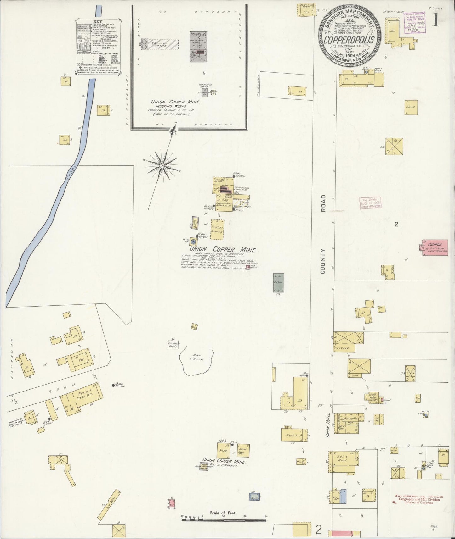 Sanborn Fire Insurance Map from Copperopolis, Calaveras County, California (1908), Sheet #0001 - Historic Sanborn Fire Insurance Map Print, vintage old map wall art, antique decor, genealogy gift, California California map