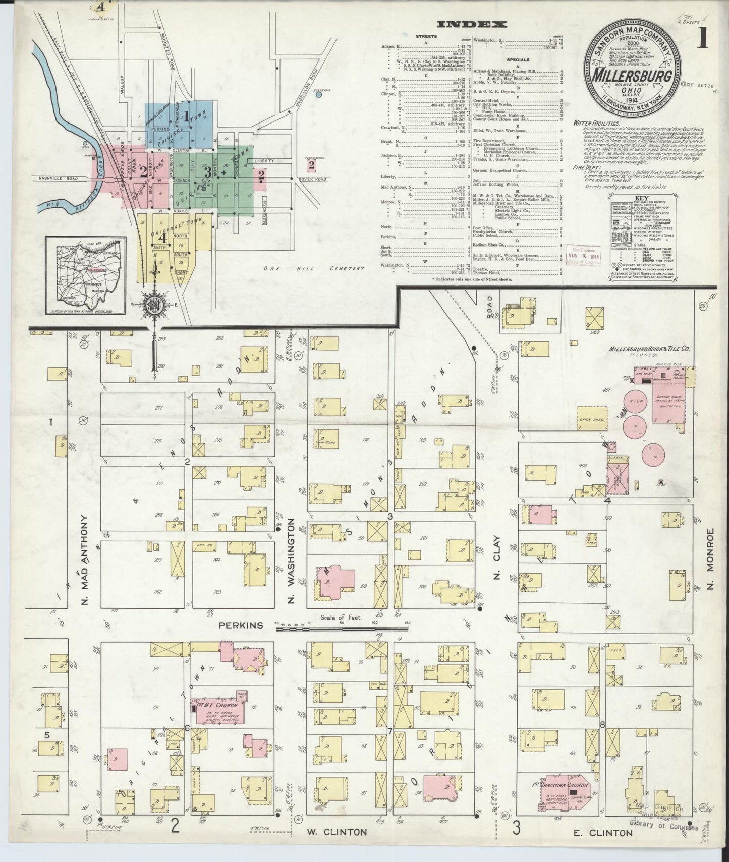 Sanborn Fire Insurance Map from Millersburg, Holmes County, Ohio (1914), Sheet #0001 - Historic Sanborn Fire Insurance Map Print, vintage old map wall art, antique decor, genealogy gift, Ohio Ohio map