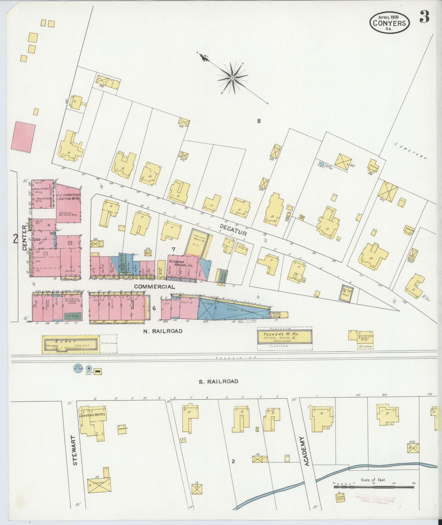 Sanborn Fire Insurance Map from Conyers, Rockdale County, Georgia (1909), Sheet #0003 - Complete Map Set gallery image, historic Sanborn map, vintage wall art, Georgia Georgia