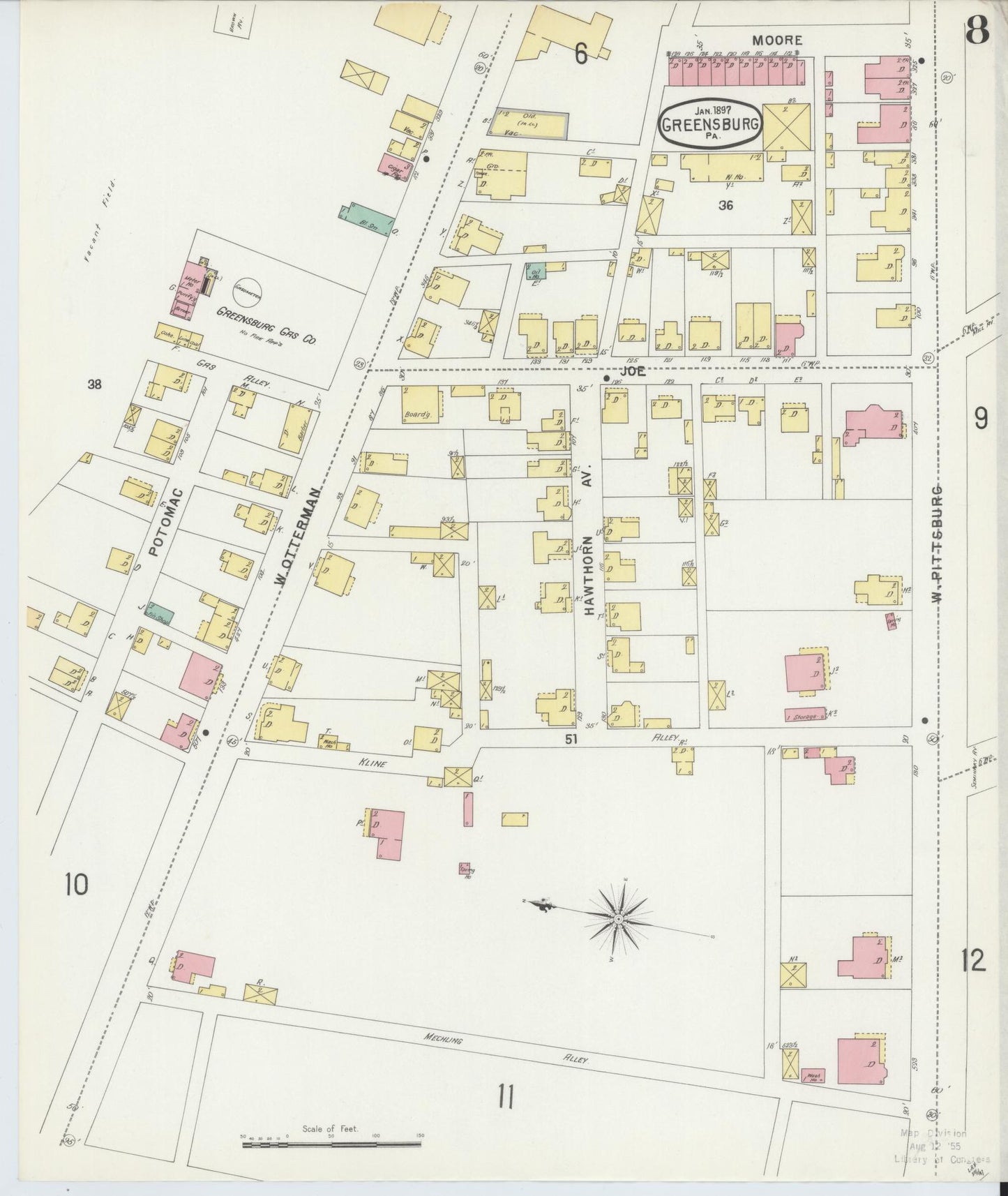 Sanborn Fire Insurance Map from Greensburg, Westmoreland County, Pennsylvania (1897), Sheet #0008 - Historic Sanborn Fire Insurance Map Print, vintage old map wall art, antique decor, genealogy gift, Pennsylvania Pennsylvania map