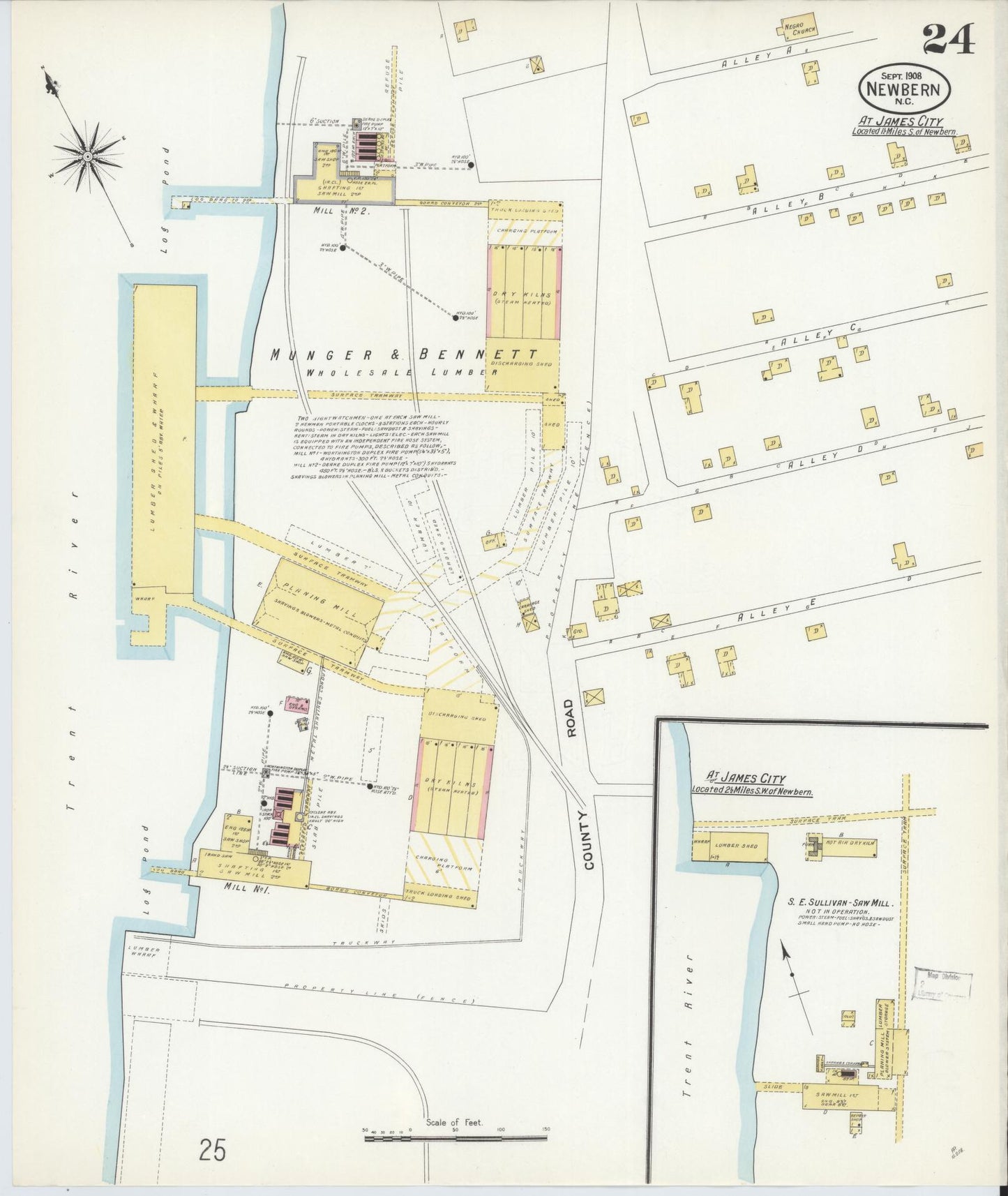 Sanborn Fire Insurance Map from New Bern, Craven County, North Carolina (1908), Sheet #0024 - Historic Sanborn Fire Insurance Map Print, vintage old map wall art, antique decor, genealogy gift, North Carolina North Carolina map