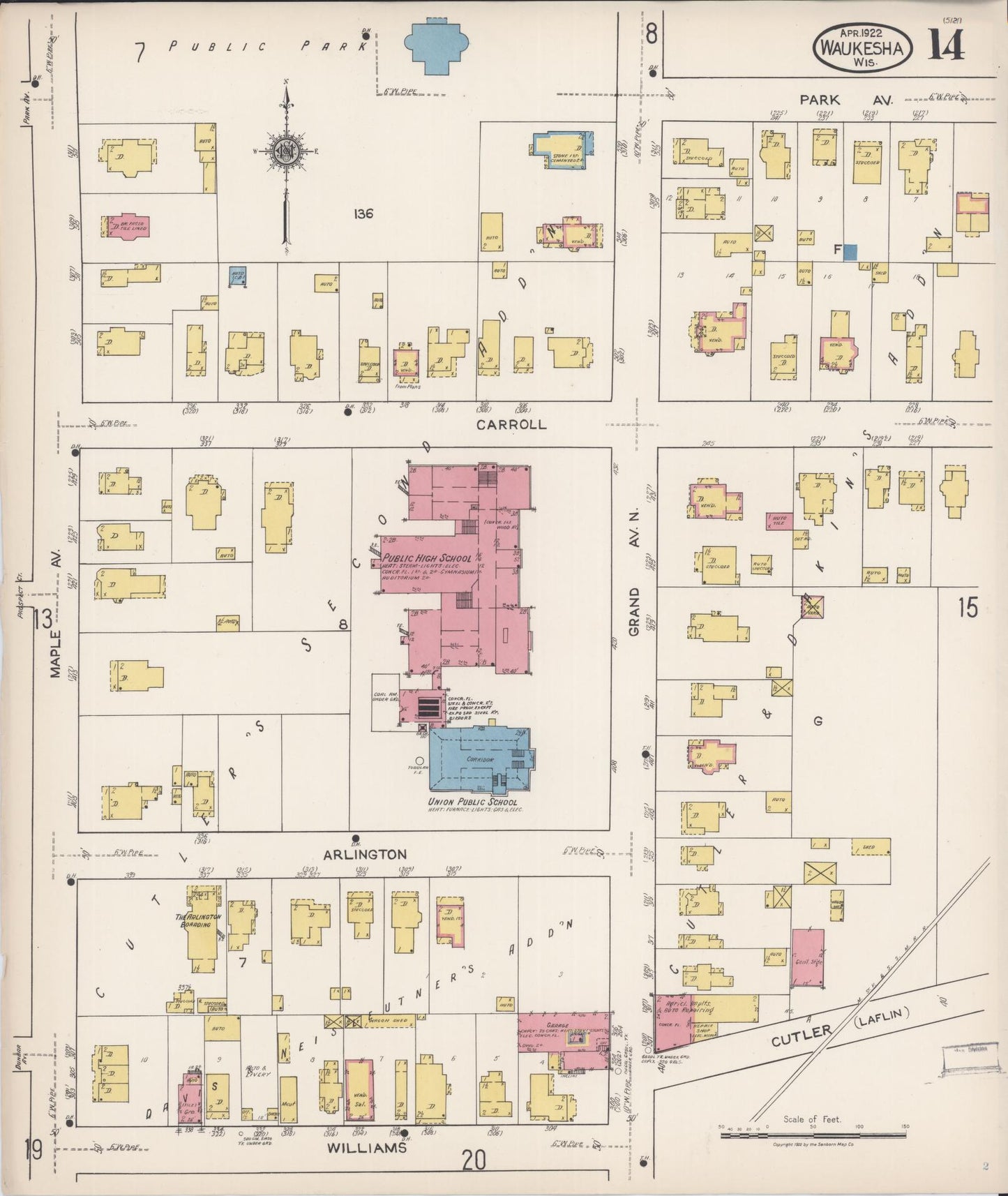 Sanborn Fire Insurance Map from Waukesha, Waukesha County, Wisconsin (1922), Sheet #0014 - Historic Sanborn Fire Insurance Map Print, vintage old map wall art, antique decor, genealogy gift, Wisconsin Wisconsin map
