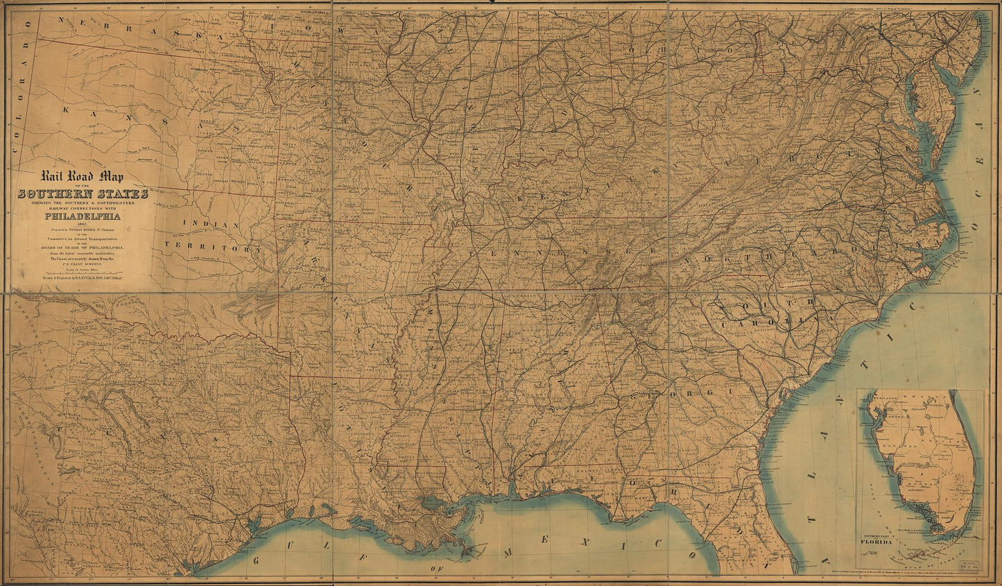 Rail road map of the southern states shewing the southern & southwestern railway connections with Philadelphia. Civil War Map (1861) - Historic Battlefield Map Reprint