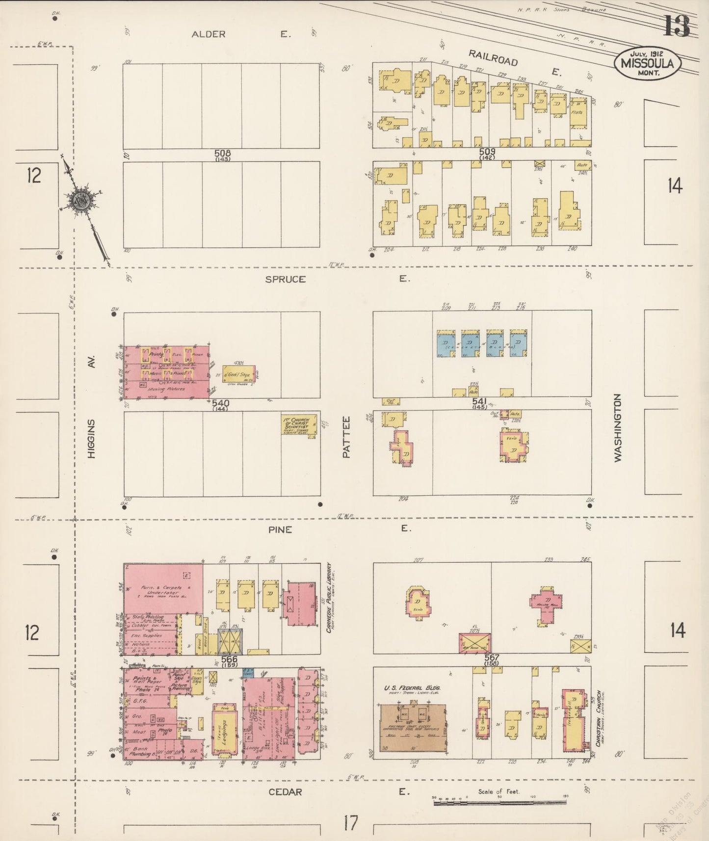 Sanborn Fire Insurance Map from Missoula, Missoula County, Montana (1912), Sheet #0013 - Historic Sanborn Fire Insurance Map Print, vintage old map wall art, antique decor, genealogy gift, Montana Montana map