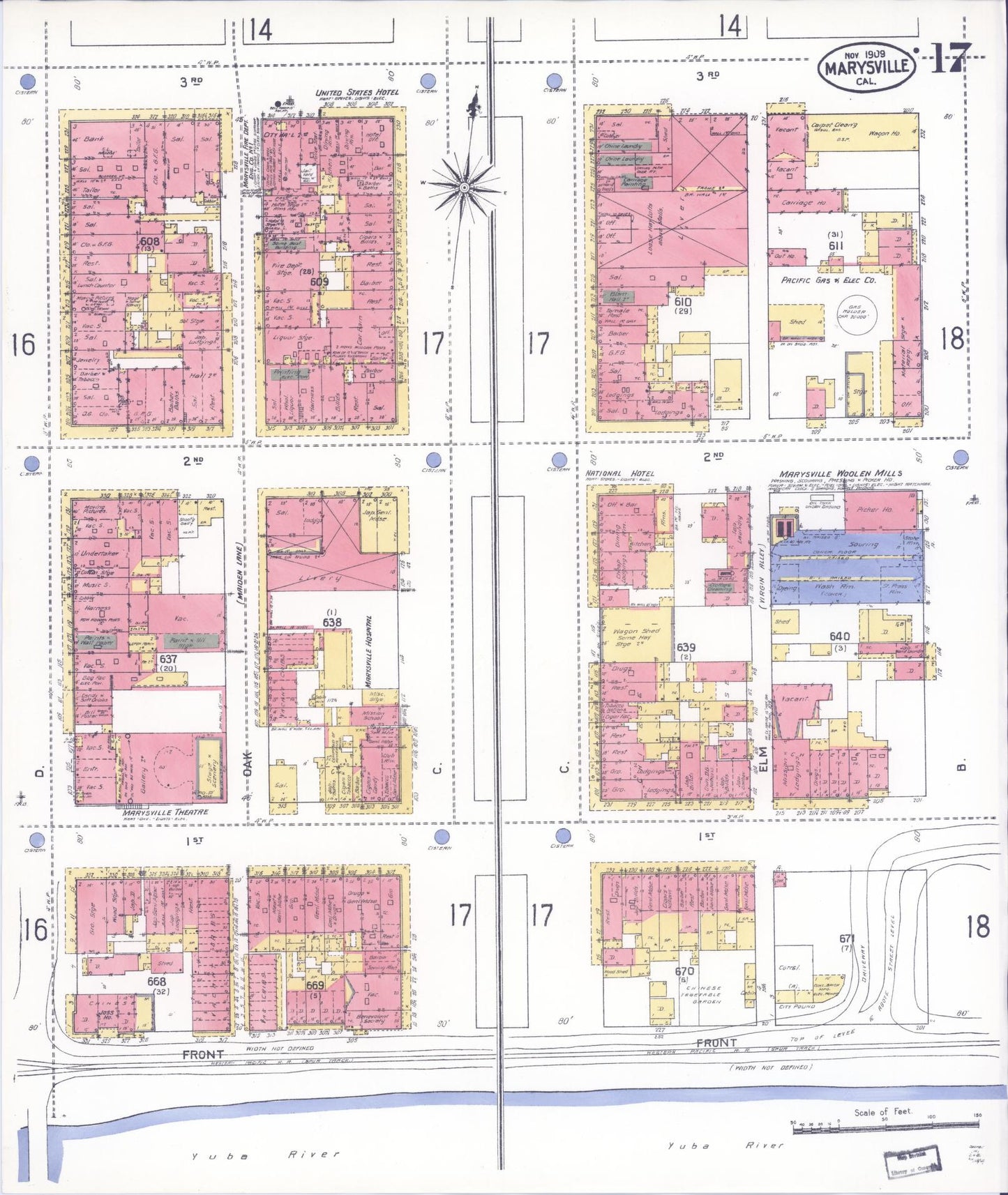 Sanborn Fire Insurance Map from Marysville, Yuba County, California (1909), Sheet #0017 - Historic Sanborn Fire Insurance Map Print, vintage old map wall art, antique decor, genealogy gift, California California map