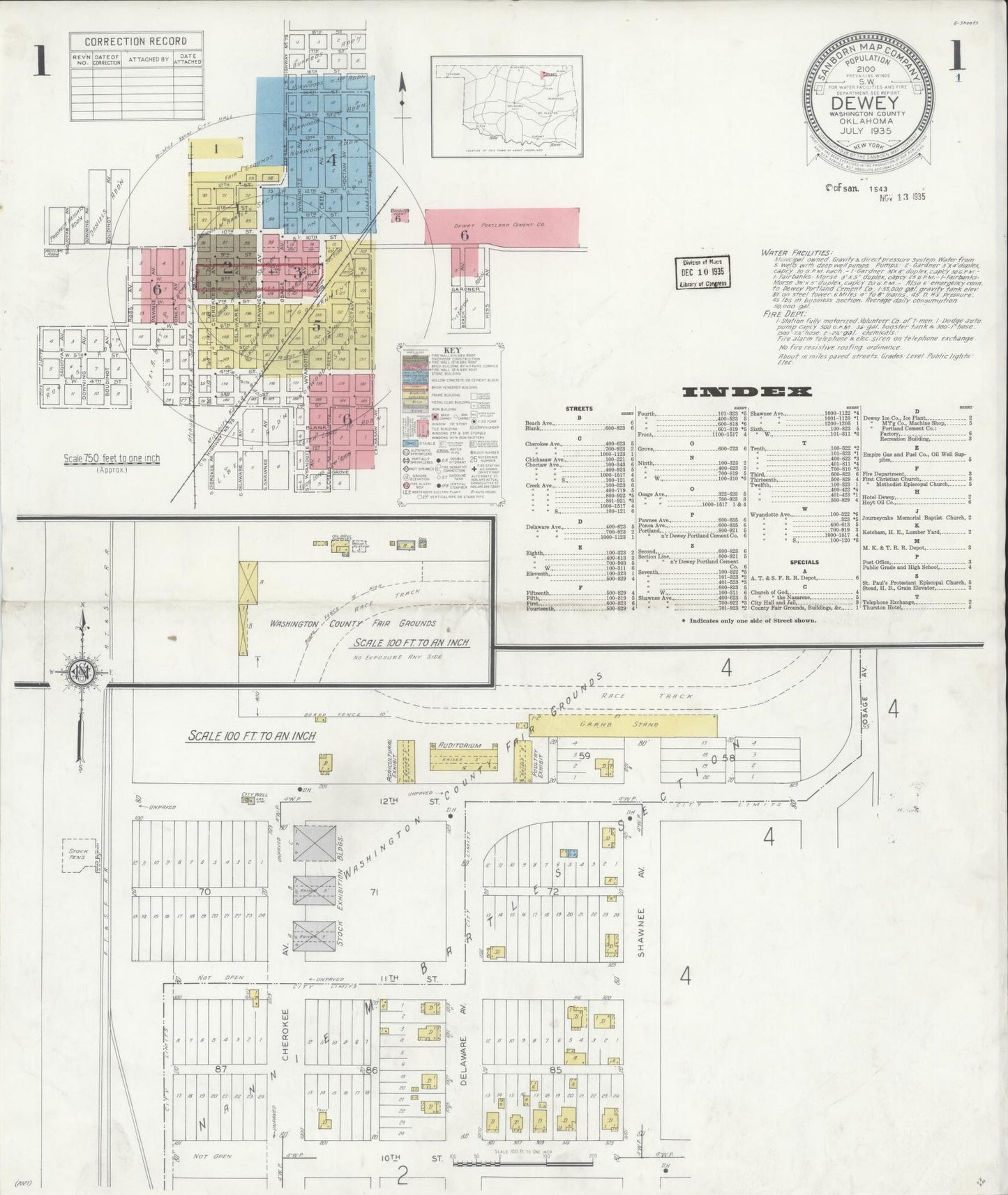 Sanborn Fire Insurance Map from Dewey, Washington County, Oklahoma (1935), Sheet #0001 - Historic Sanborn Fire Insurance Map Print, vintage old map wall art, antique decor, genealogy gift, Oklahoma Oklahoma map