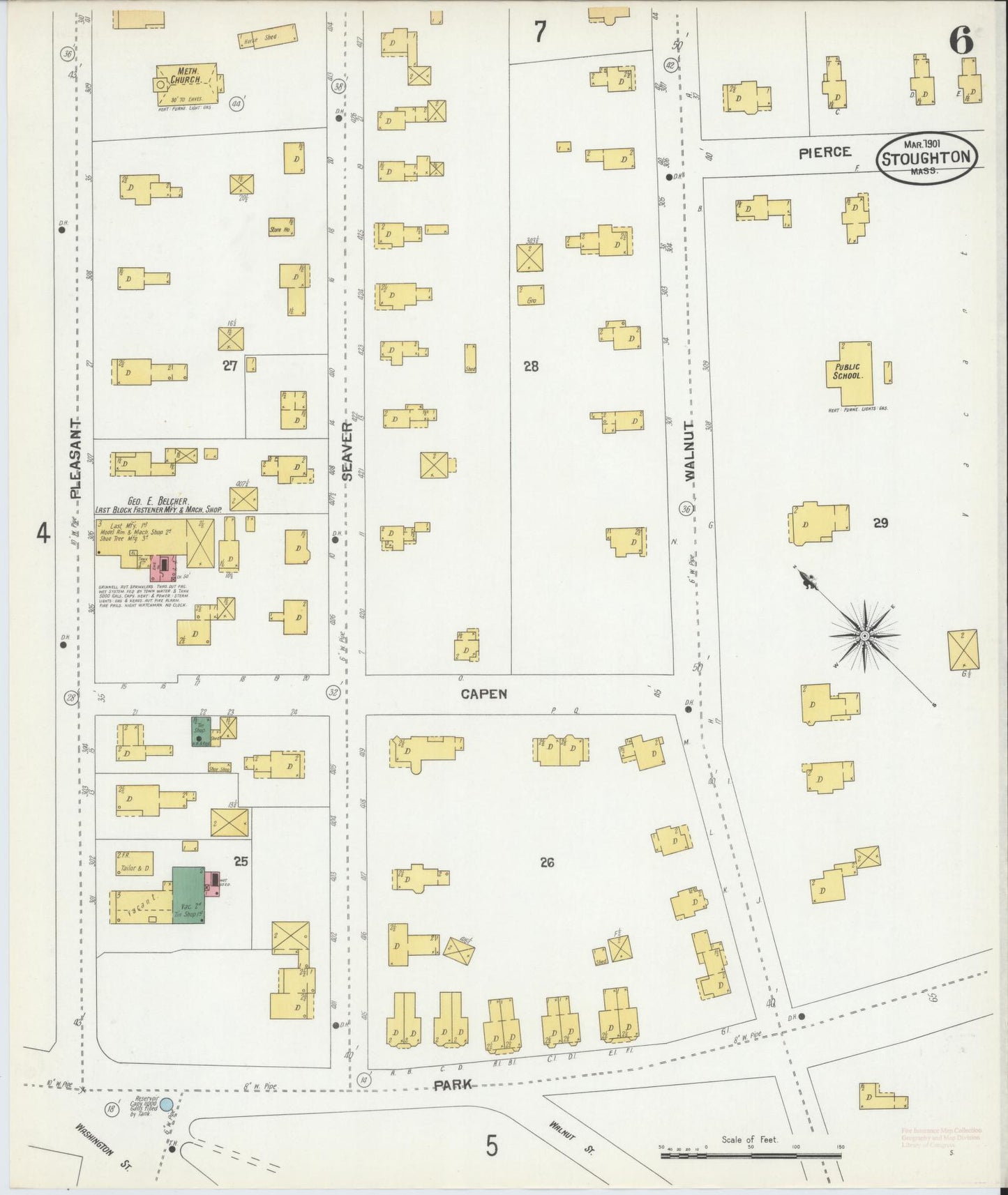 Sanborn Fire Insurance Map from Stoughton, Norfolk County, Massachusetts (1901), Sheet #0006 - Historic Sanborn Fire Insurance Map Print, vintage old map wall art, antique decor, genealogy gift, Massachusetts Massachusetts map