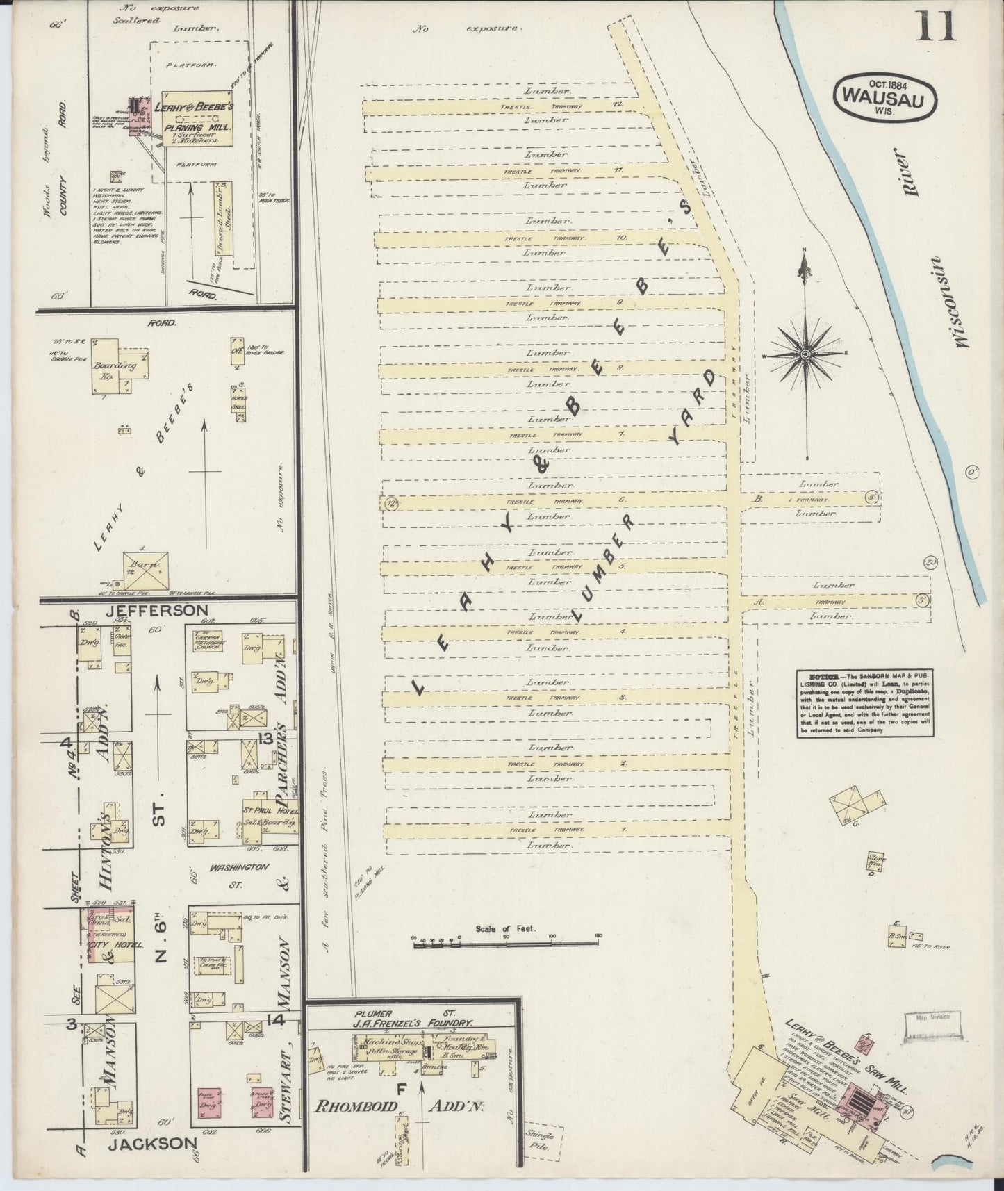 Sanborn Fire Insurance Map from Wausau, Marathon County, Wisconsin (1884), Sheet #0011 - Historic Sanborn Fire Insurance Map Print, vintage old map wall art, antique decor, genealogy gift, Wisconsin Wisconsin map