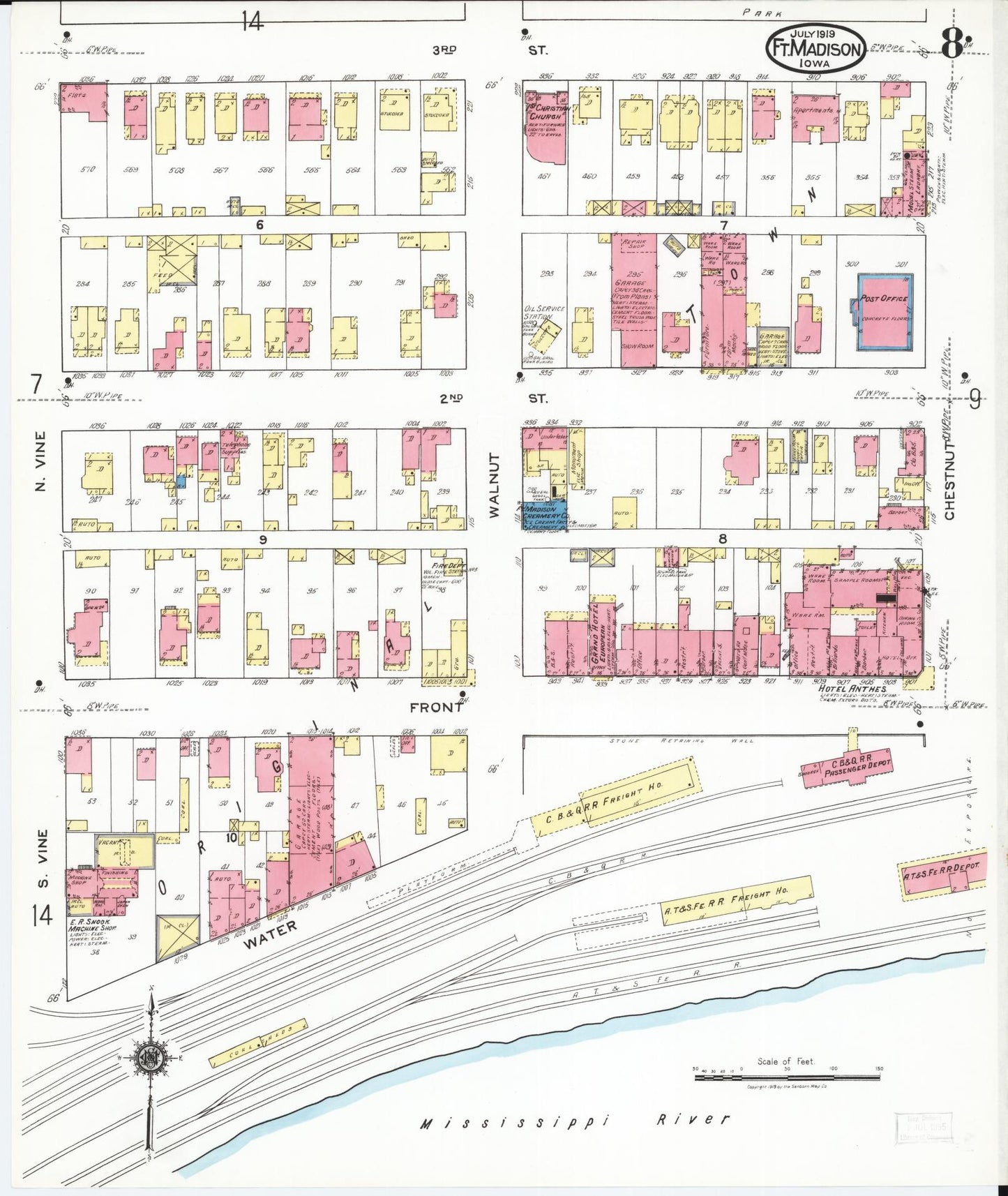 Sanborn Fire Insurance Map from Fort Madison, Lee County, Iowa (1919), Sheet #0008 - Historic Sanborn Fire Insurance Map Print, vintage old map wall art
