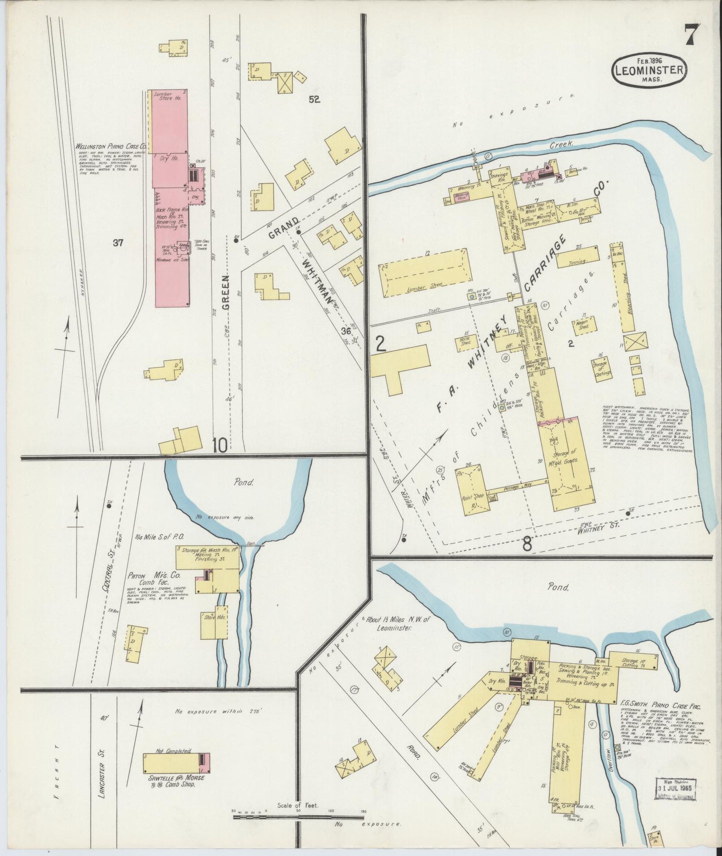 Sanborn Fire Insurance Map from Leominster, Worcester County, Massachusetts (1896), Sheet #0007 - Historic Sanborn Fire Insurance Map Print, vintage old map wall art, antique decor, genealogy gift, Massachusetts Massachusetts map