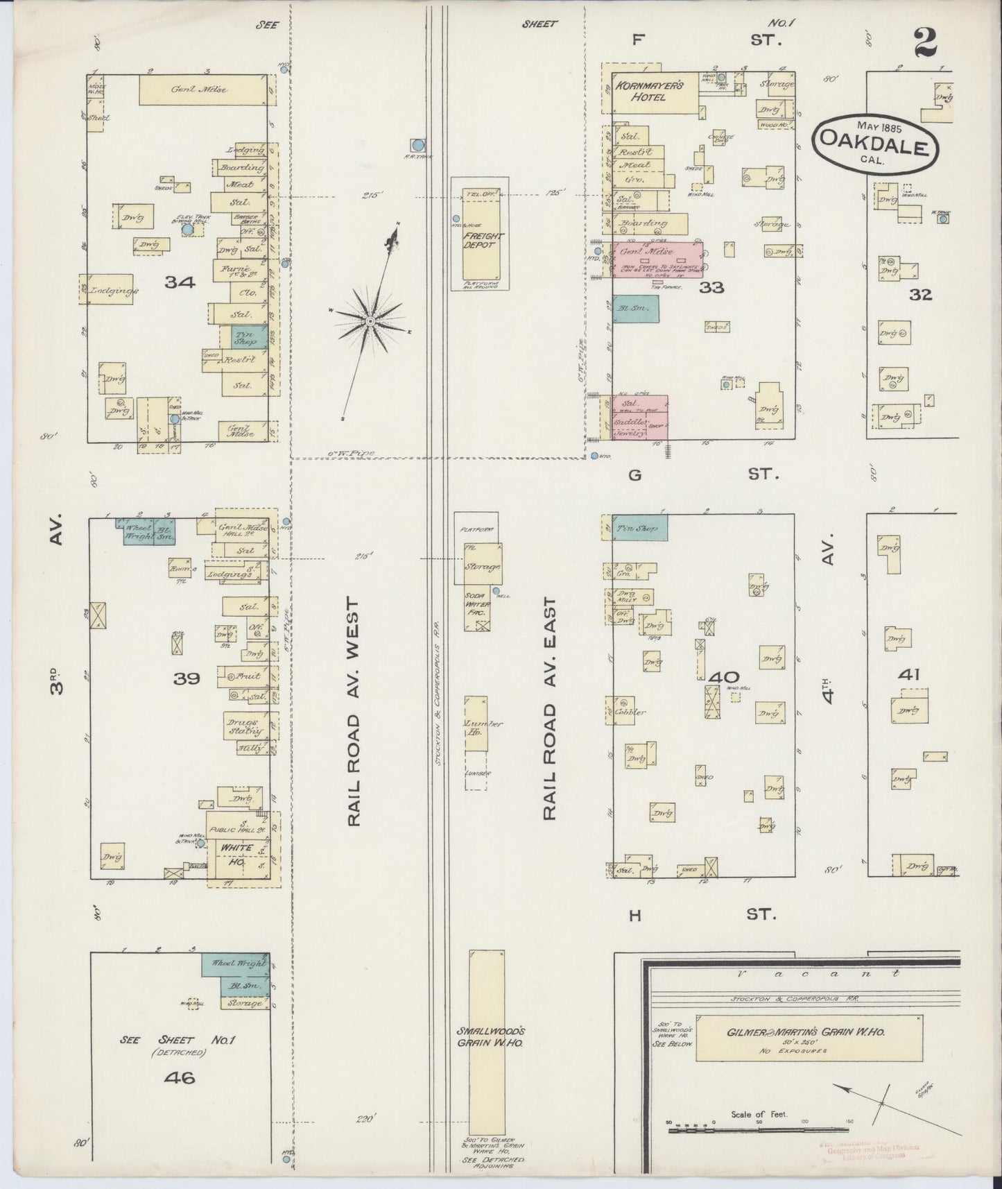 Sanborn Fire Insurance Map from Oakdale, Stanislaus County, California (1885), Sheet #0002 - Complete Map Set gallery image, historic Sanborn map, vintage wall art, California California