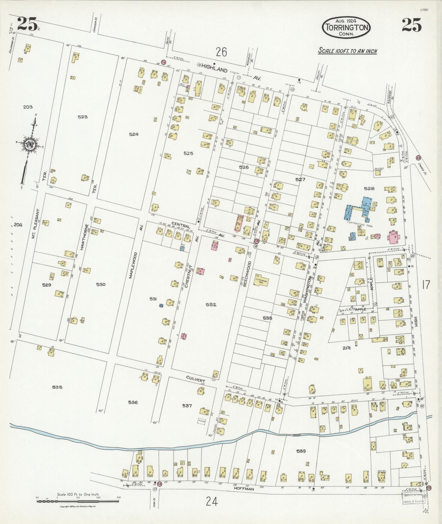 Sanborn Fire Insurance Map from Torrington, Litchfield County, Connecticut (1924), Sheet #0025 - Historic Sanborn Fire Insurance Map Print, vintage old map wall art, antique decor, genealogy gift, Connecticut Connecticut map