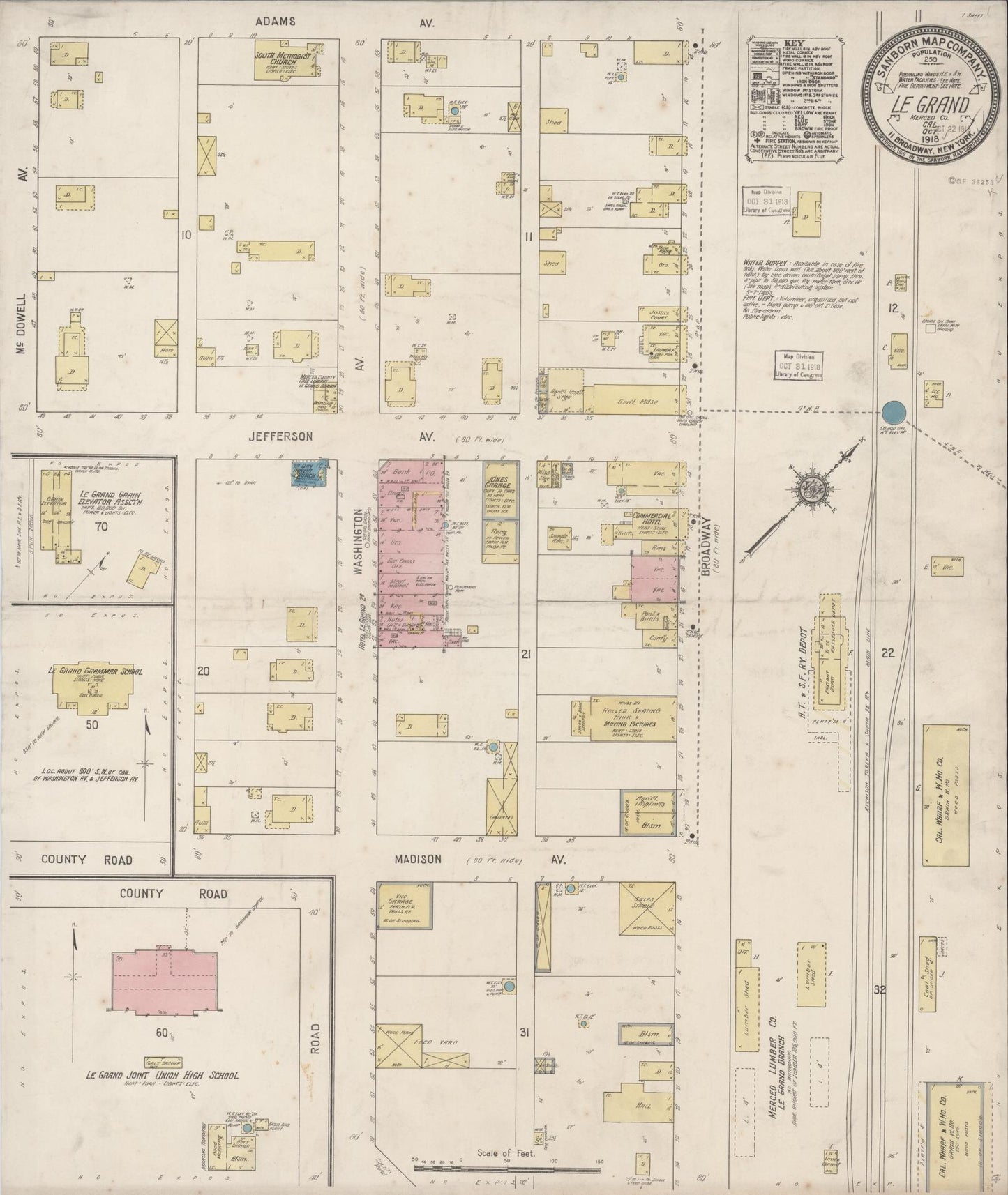 Sanborn Fire Insurance Map from Le Grand, Merced County, California (1918), Sheet #0001 - Historic Sanborn Fire Insurance Map Print, vintage old map wall art, antique decor, genealogy gift, California California map