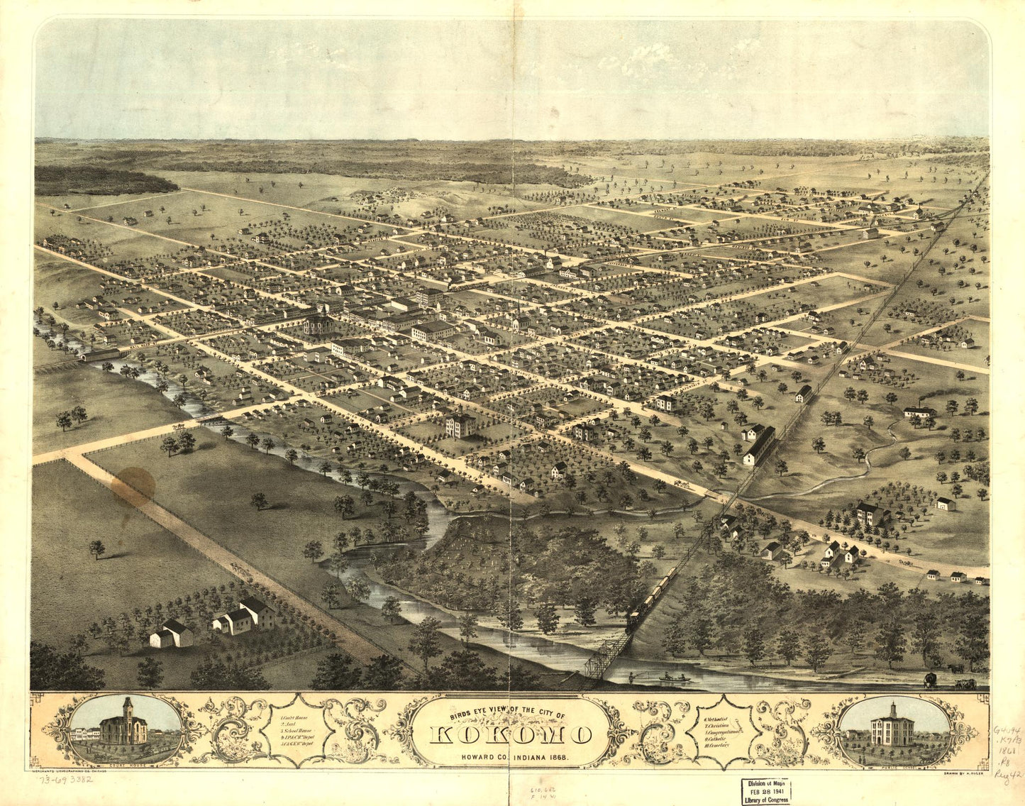 Birds eye view of the city of Kokomo, Howard Co., Indiana 1868. (1868) – Historic Bird’s-Eye View Panorama Print