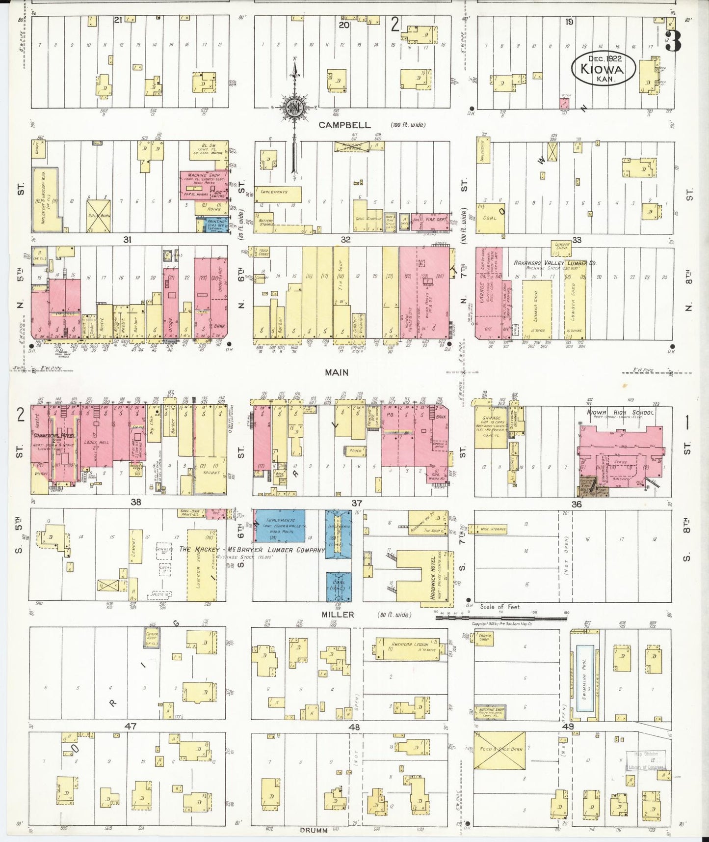 Sanborn Fire Insurance Map from Kiowa, Barber County, Kansas (1922), Sheet #0003 - Complete Map Set gallery image, historic Sanborn map, vintage wall art, Kansas Kansas