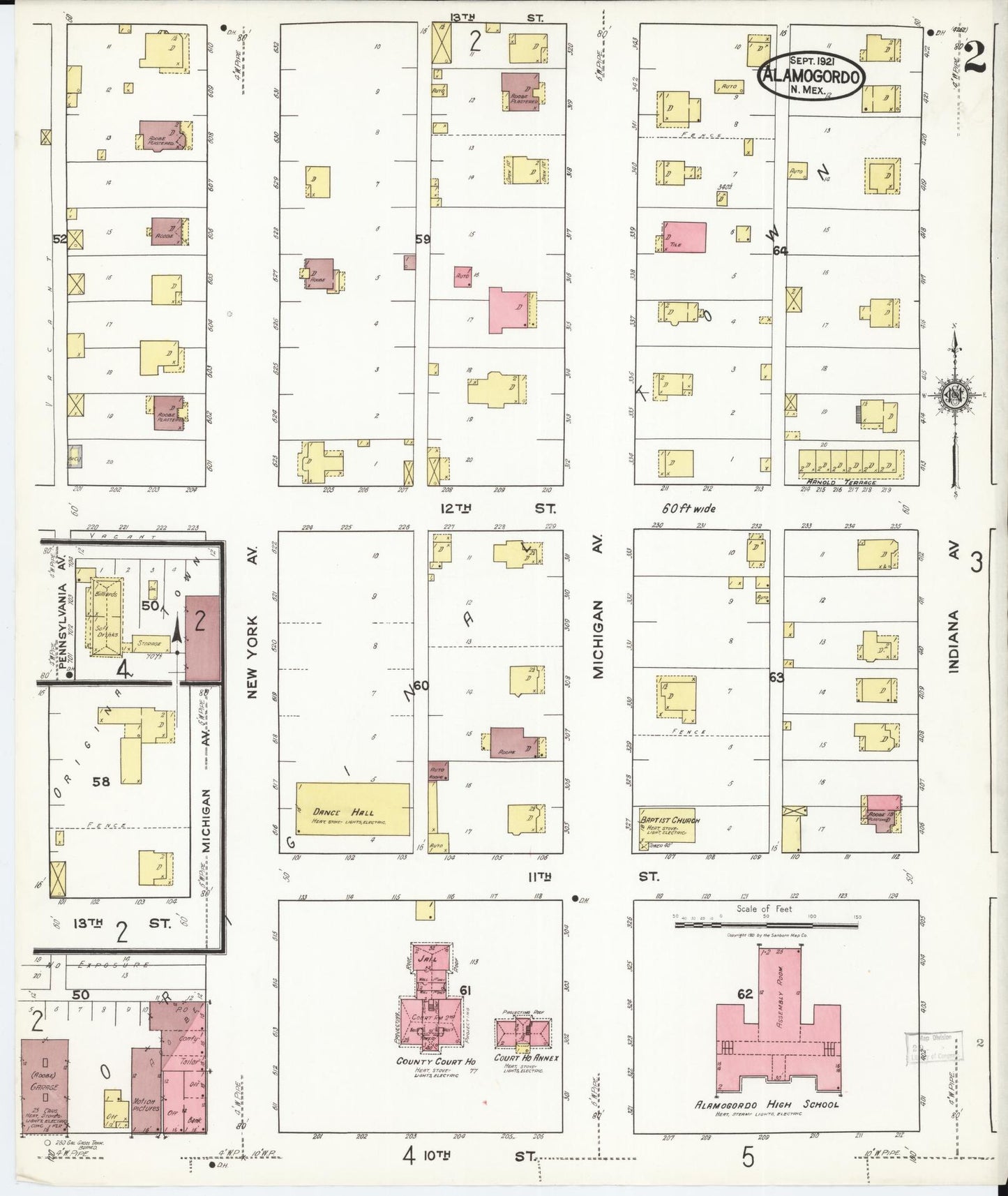 Sanborn Fire Insurance Map from Alamogordo, Otero County, New Mexico (1921), Sheet #0002 - Historic Sanborn Fire Insurance Map Print, vintage old map wall art, antique decor, genealogy gift, New Mexico New Mexico map