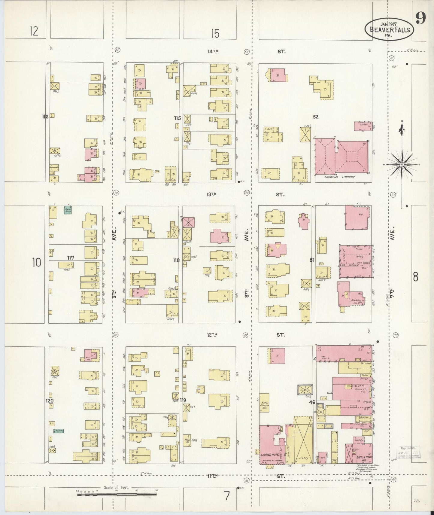 Sanborn Fire Insurance Map from Beaver Falls, Beaver County, Pennsylvania (1907), Sheet #0009 - Historic Sanborn Fire Insurance Map Print, vintage old map wall art, antique decor, genealogy gift, Pennsylvania Pennsylvania map