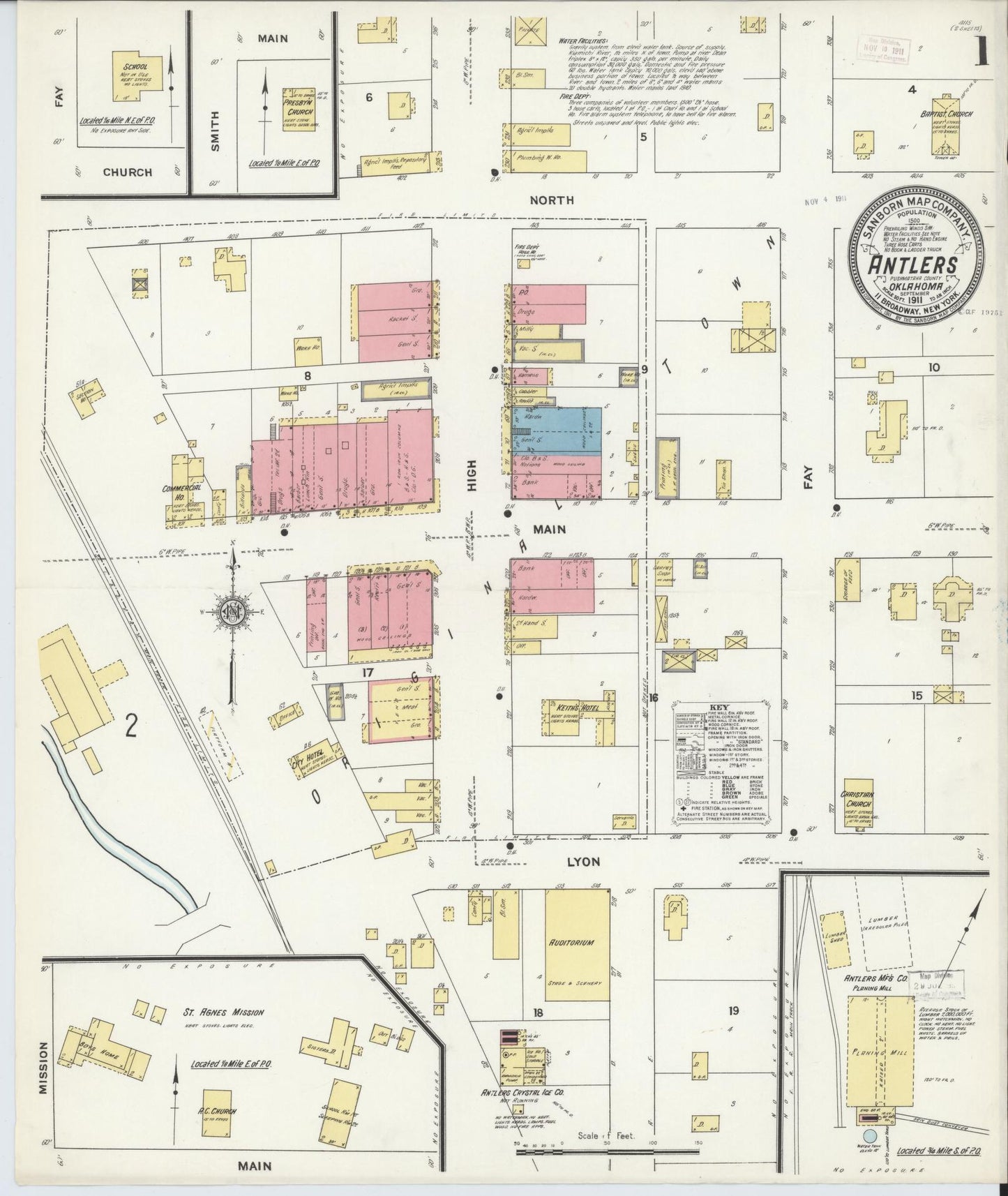 Sanborn Fire Insurance Map from Antlers, Pushmataha County, Oklahoma (1911), Sheet #0001 - Historic Sanborn Fire Insurance Map Print, vintage old map wall art, antique decor, genealogy gift, Oklahoma Oklahoma map