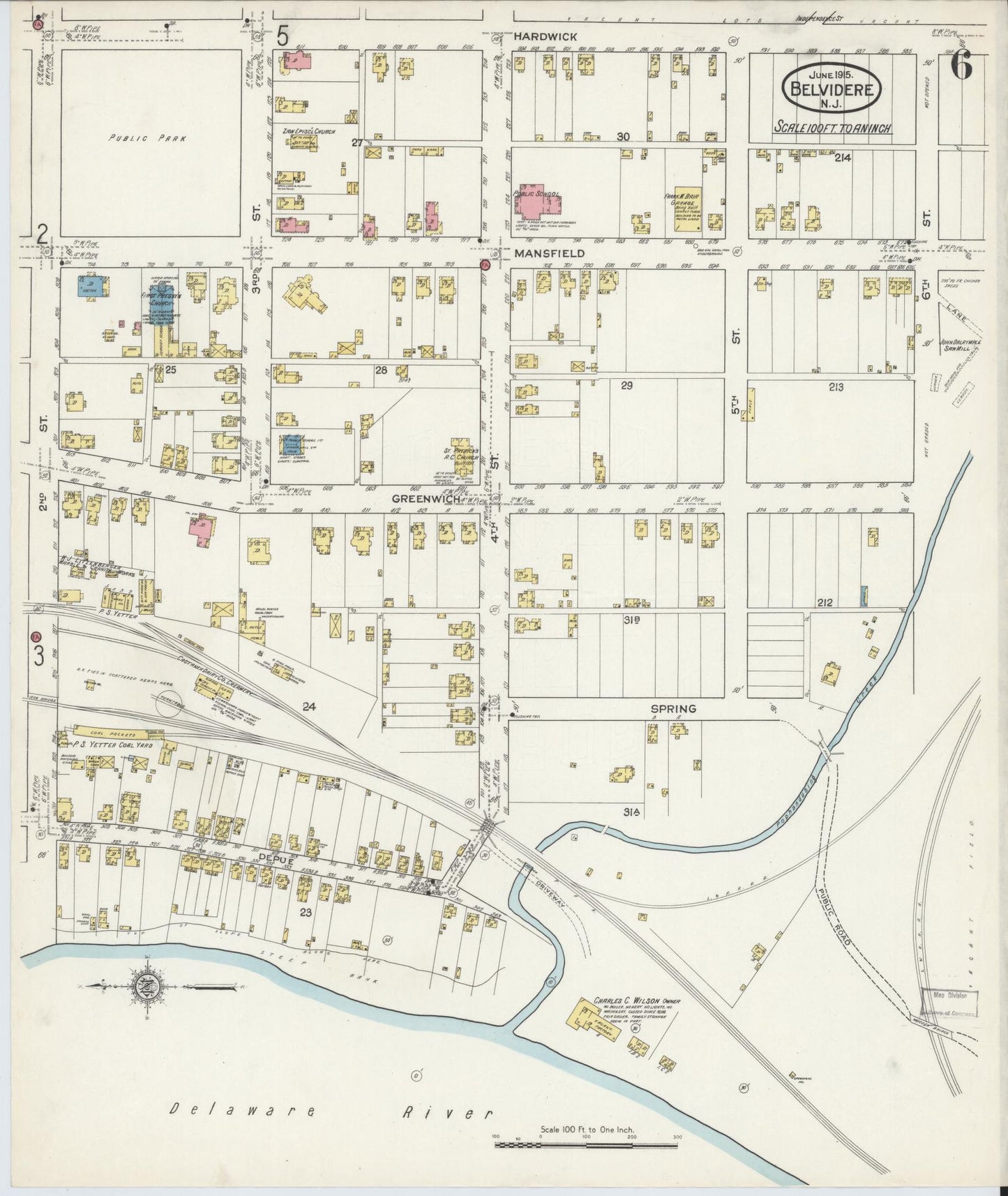 Sanborn Fire Insurance Map from Belvidere, Warren County, New Jersey (1915), Sheet #0006 - Historic Sanborn Fire Insurance Map Print, vintage old map wall art, antique decor, genealogy gift, Pennsylvania Pennsylvania map