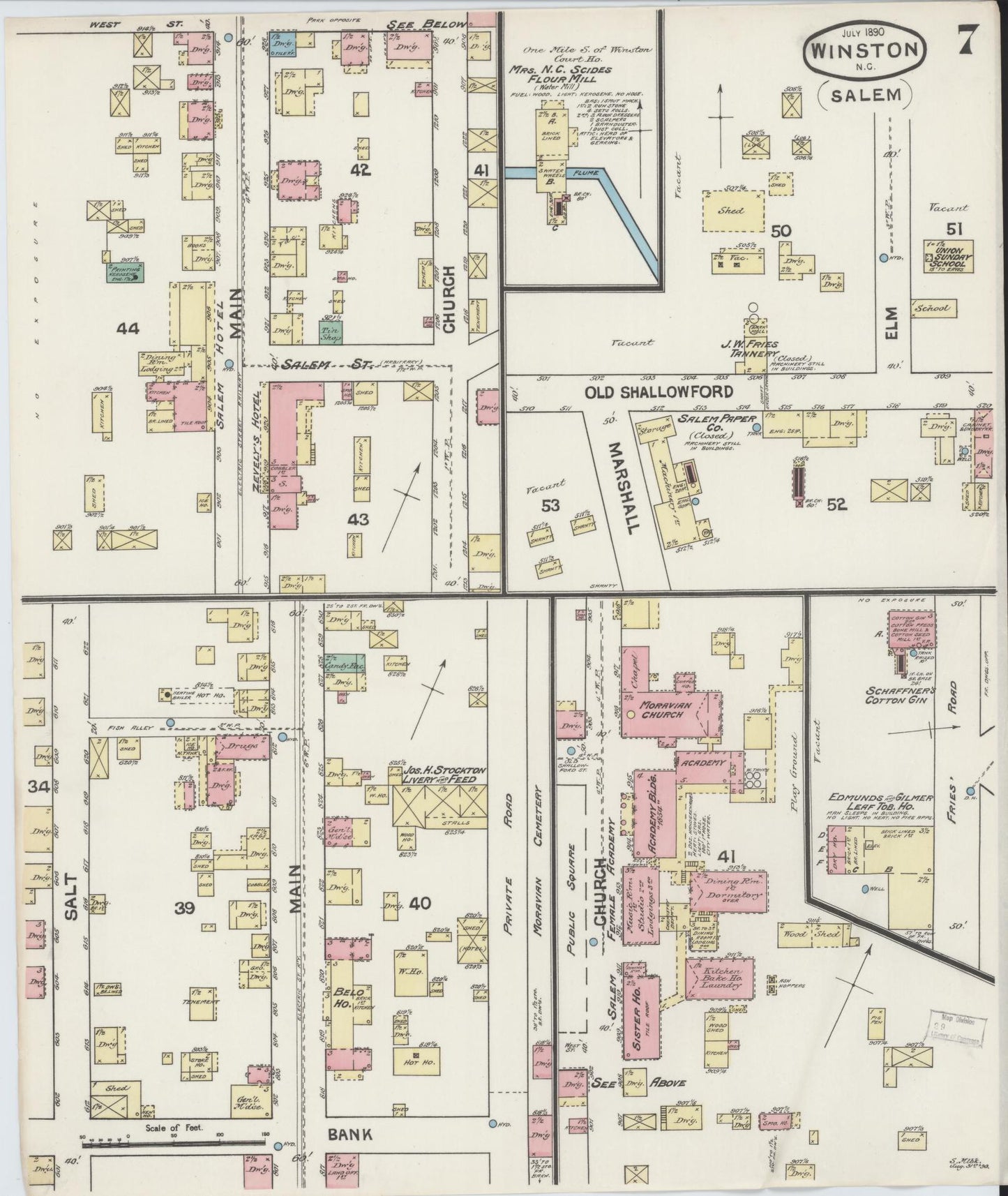 Sanborn Fire Insurance Map from Winston-Salem, Forsyth County, North Carolina (1890), Sheet #0007 - Historic Sanborn Fire Insurance Map Print, vintage old map wall art, antique decor, genealogy gift, North Carolina North Carolina map