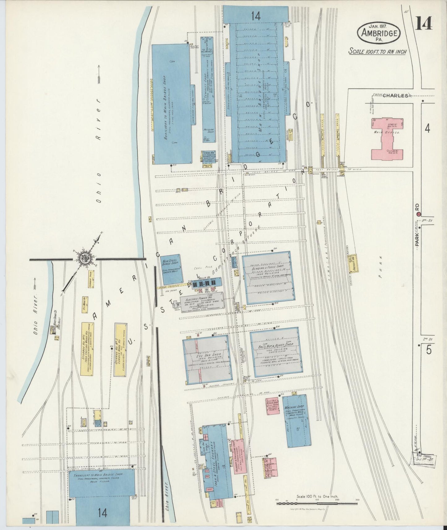 Sanborn Fire Insurance Map from Ambridge, Beaver County, Pennsylvania (1917), Sheet #0014 - Historic Sanborn Fire Insurance Map Print, vintage old map wall art, antique decor, genealogy gift, Pennsylvania Pennsylvania map