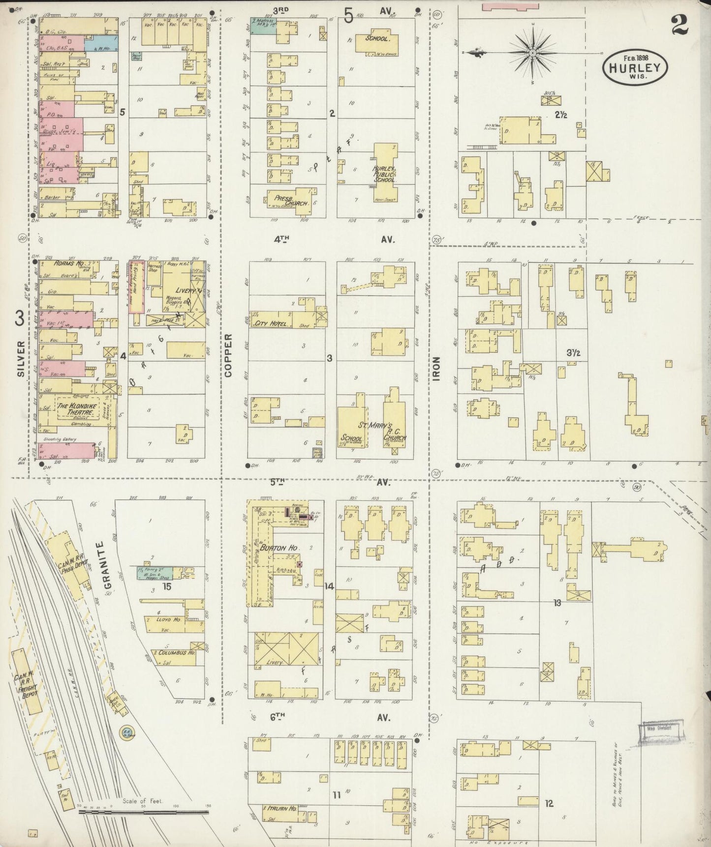 Sanborn Fire Insurance Map from Hurley, Iron County, Wisconsin (1898), Sheet #0002 - Historic Sanborn Fire Insurance Map Print, vintage old map wall art, antique decor, genealogy gift, Wisconsin Wisconsin map